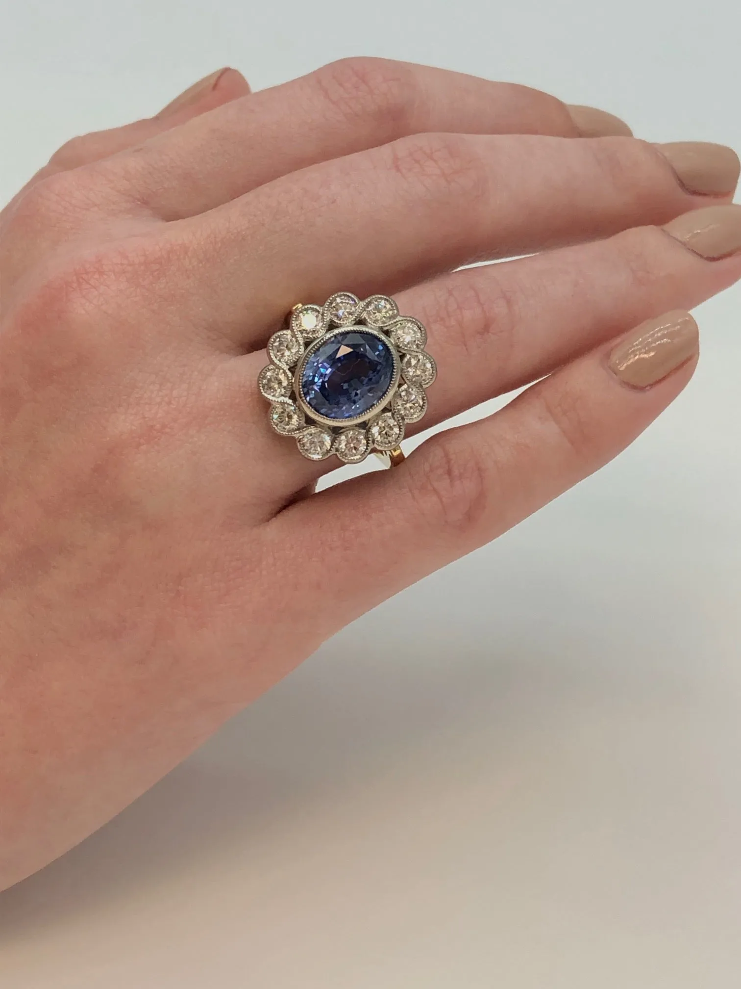 6.67 Carat Cornflower Blue Sapphire and Diamond Cocktail Ring in Yellow and White Gold