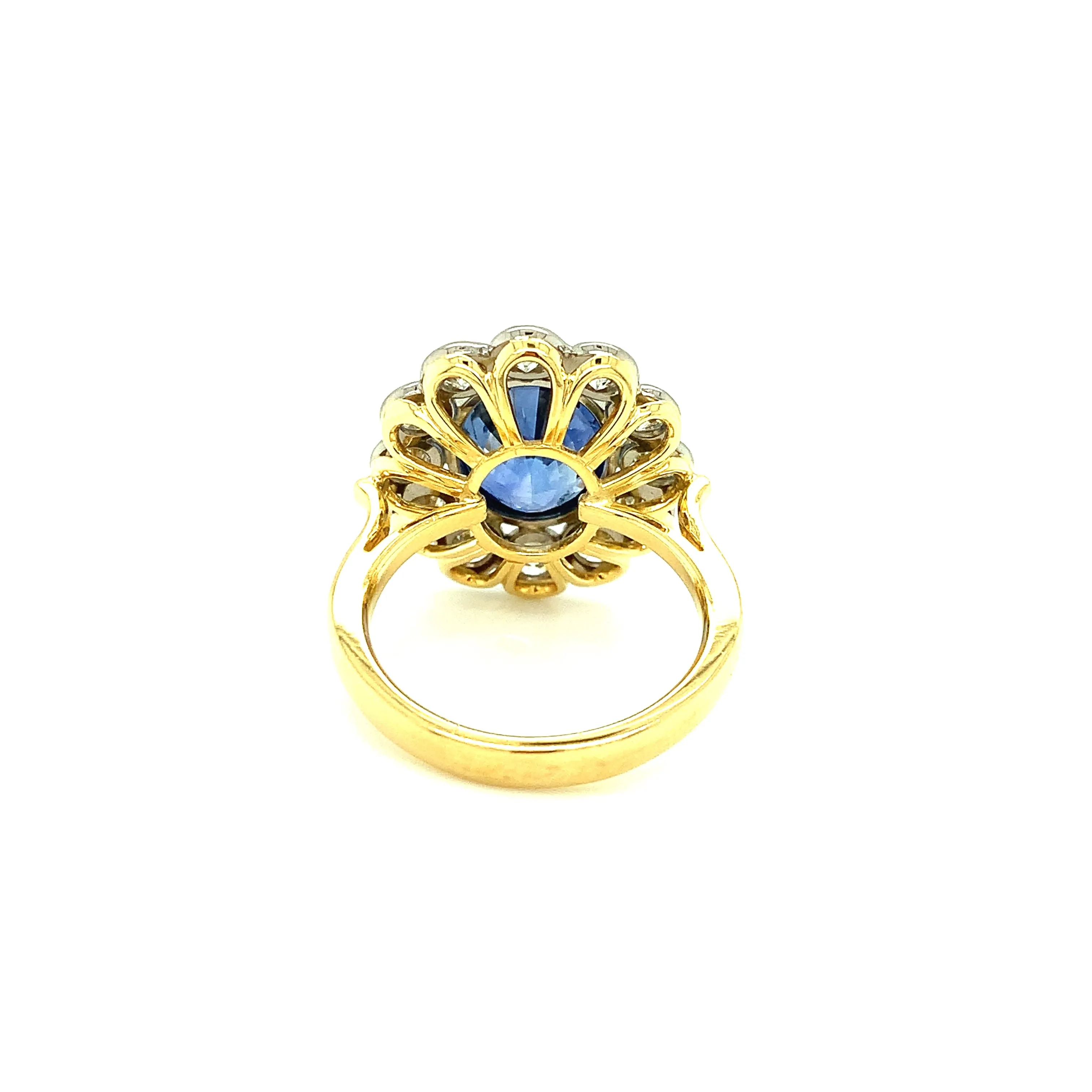 6.67 Carat Cornflower Blue Sapphire and Diamond Cocktail Ring in Yellow and White Gold