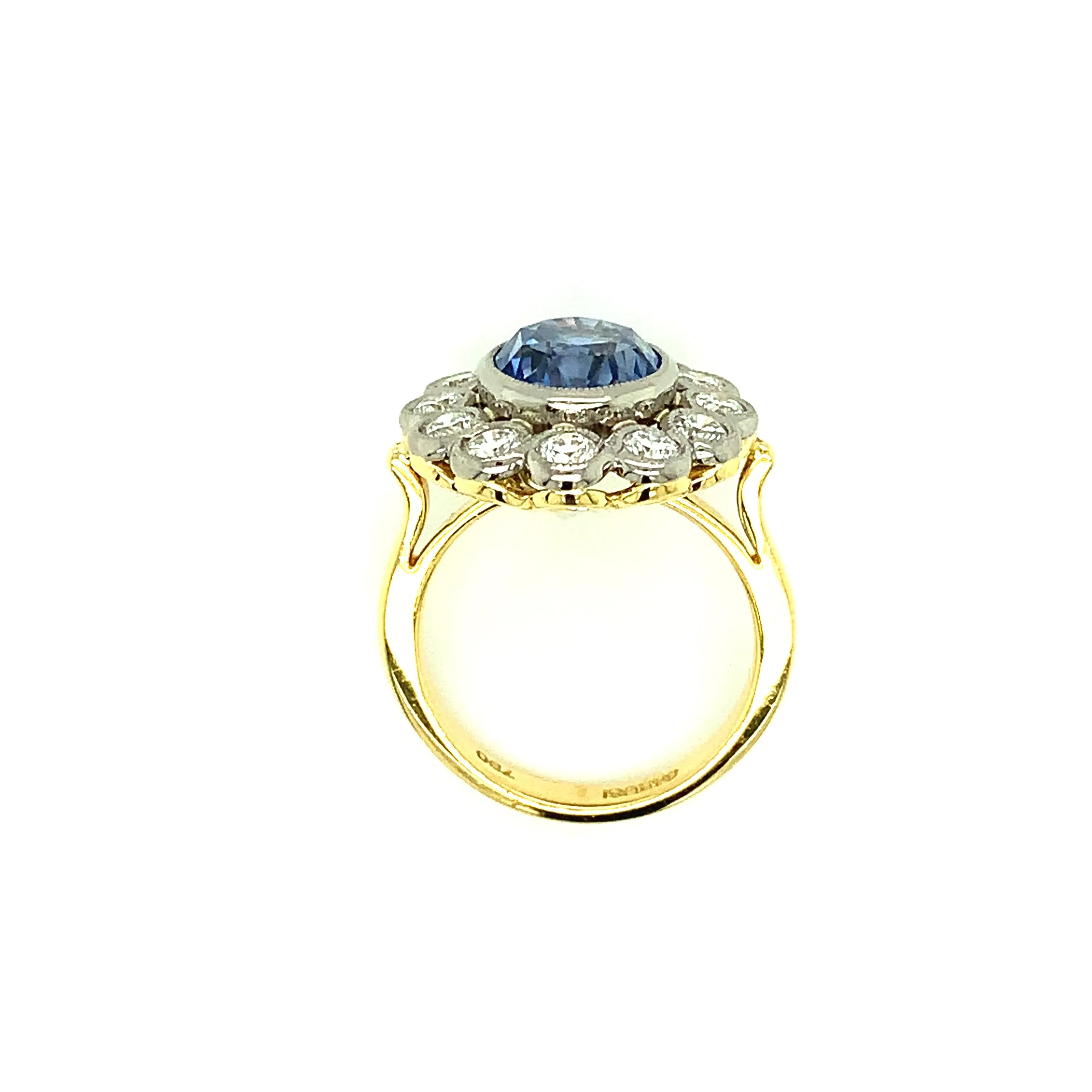 6.67 Carat Cornflower Blue Sapphire and Diamond Cocktail Ring in Yellow and White Gold
