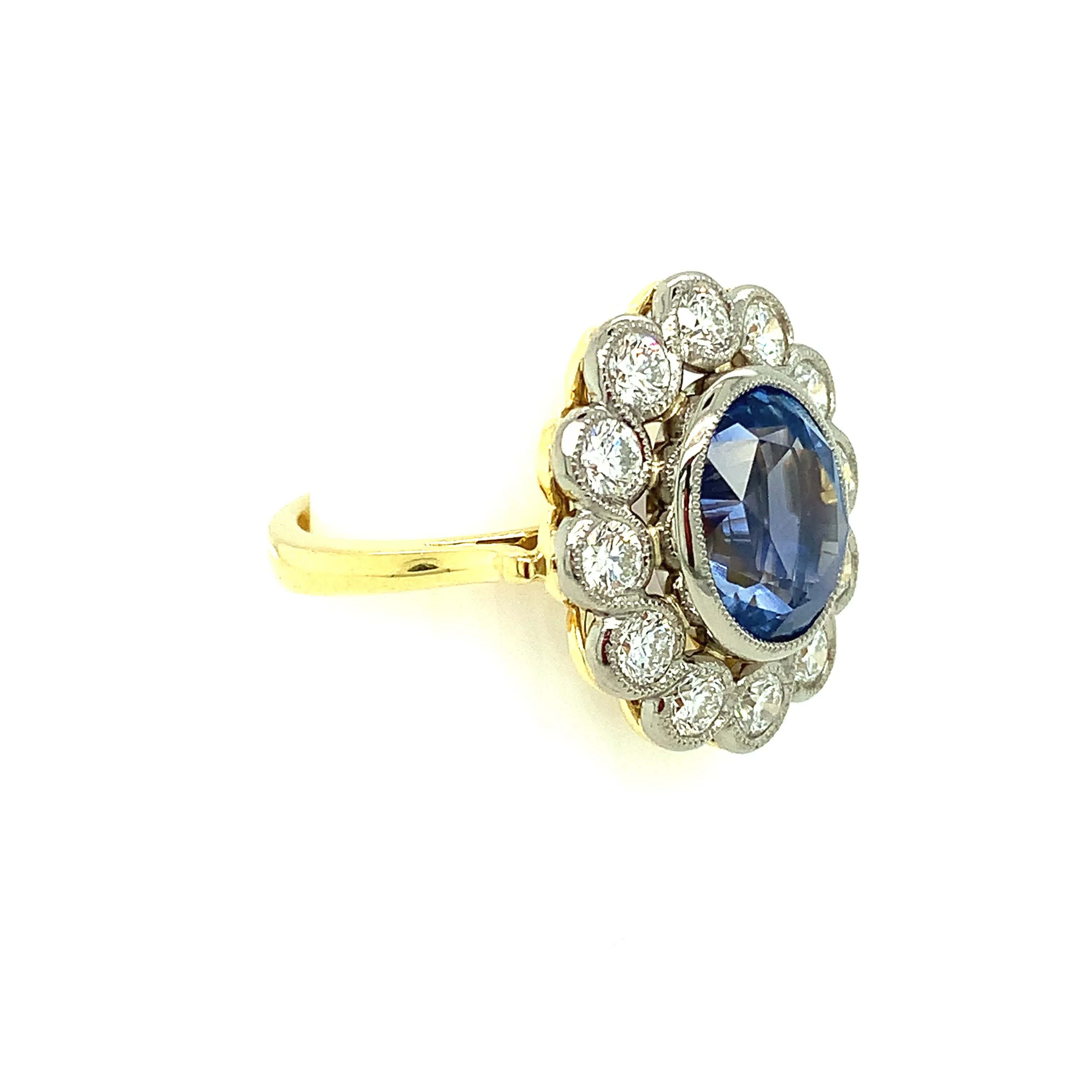 6.67 Carat Cornflower Blue Sapphire and Diamond Cocktail Ring in Yellow and White Gold