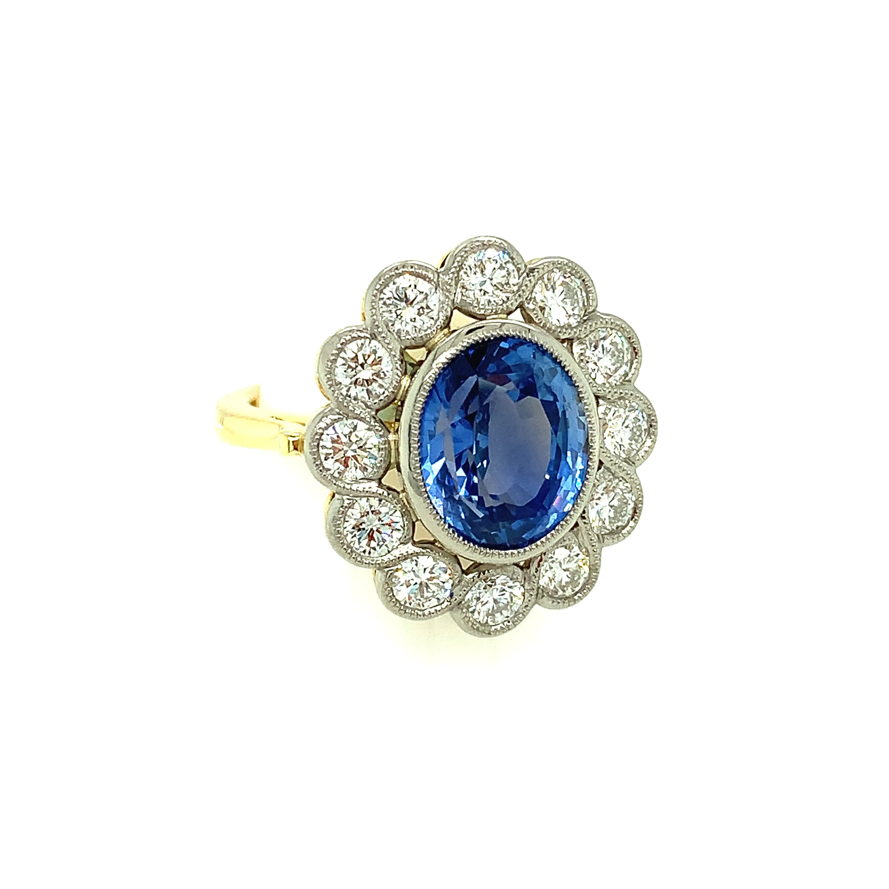 6.67 Carat Cornflower Blue Sapphire and Diamond Cocktail Ring in Yellow and White Gold