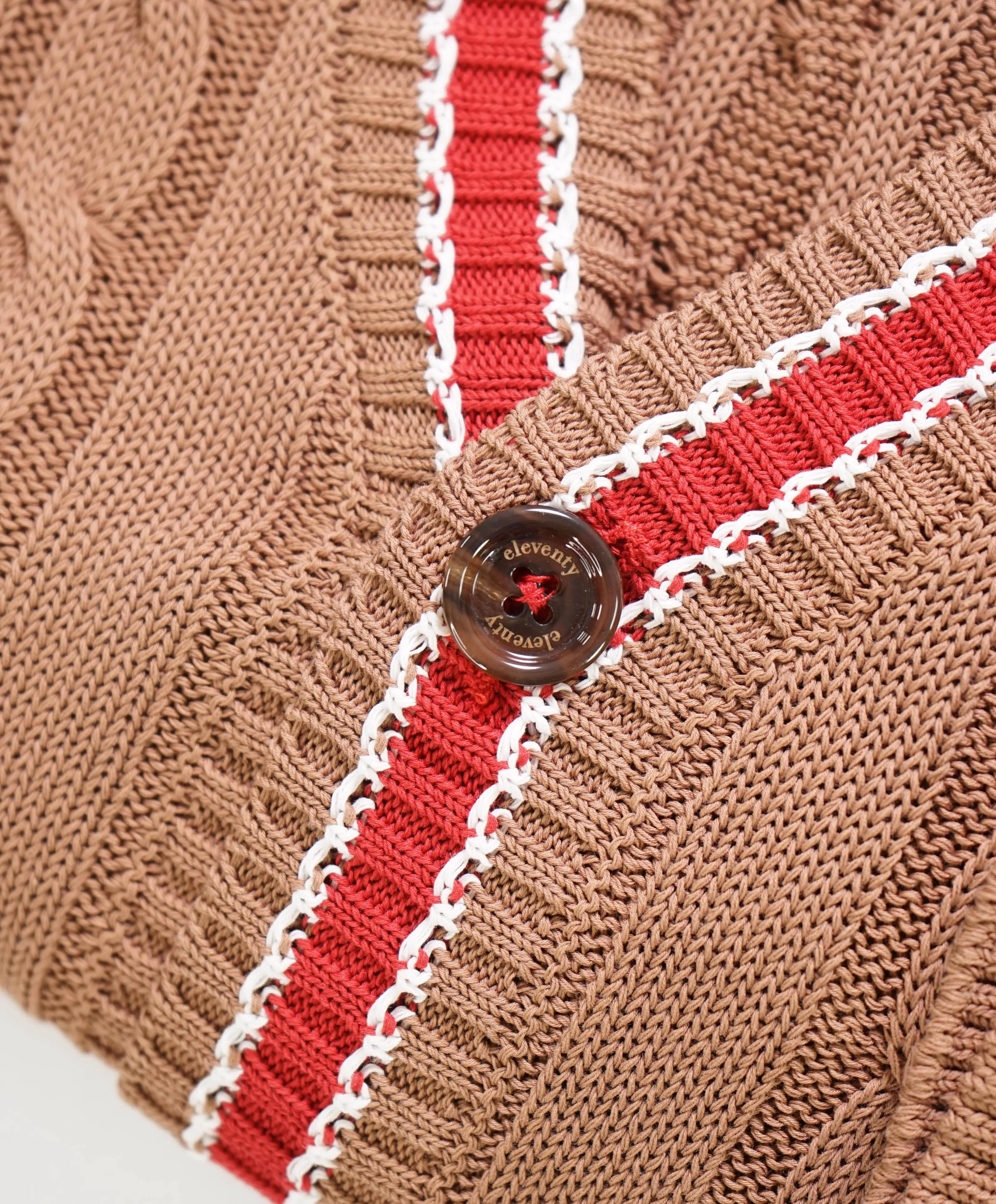 $795 ELEVENTY -Brown/Ivory Cotton Cable Knit Tipped Cardigan Sweater- M