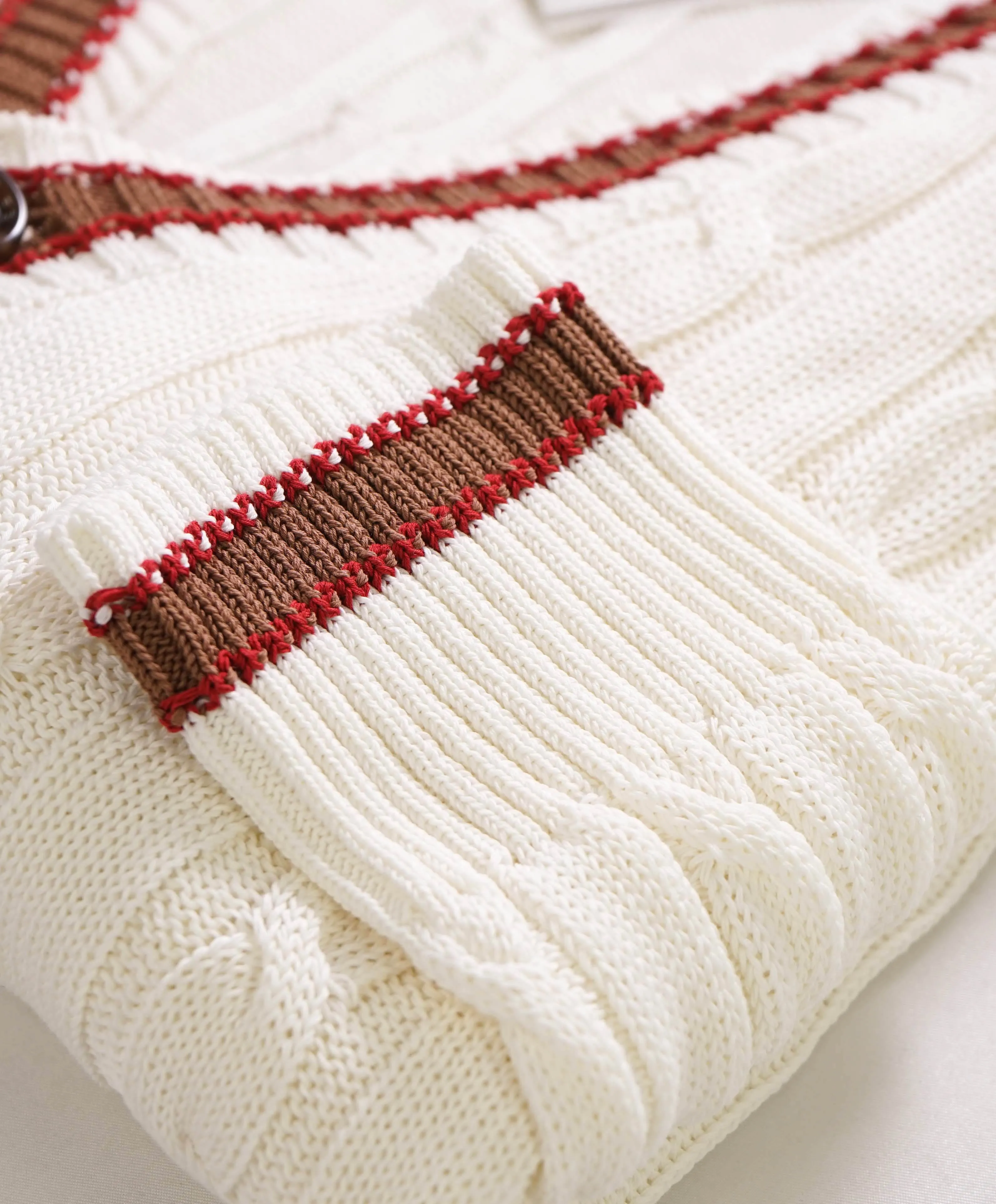 $795 ELEVENTY - Ivory/Brown Cotton Cable Knit Tipped Cardigan Sweater- M