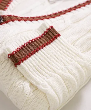 $795 ELEVENTY - Ivory/Brown Cotton Cable Knit Tipped Cardigan Sweater- M