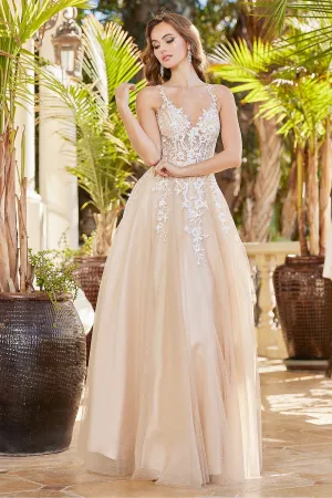 AD 3089 - A-Line Lace Embellished Prom Gown With Sheer Bodice & Open Back