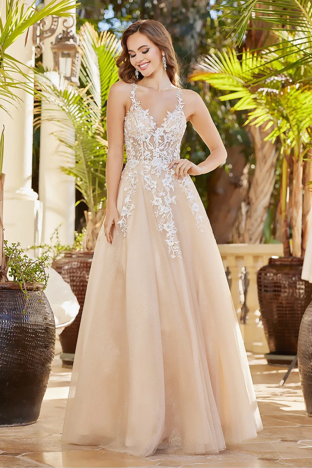 AD 3089 - A-Line Lace Embellished Prom Gown With Sheer Bodice & Open Back