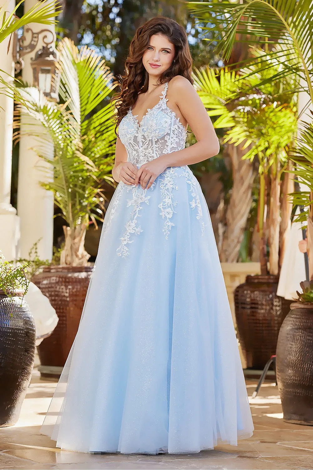 AD 3089 - A-Line Lace Embellished Prom Gown With Sheer Bodice & Open Back