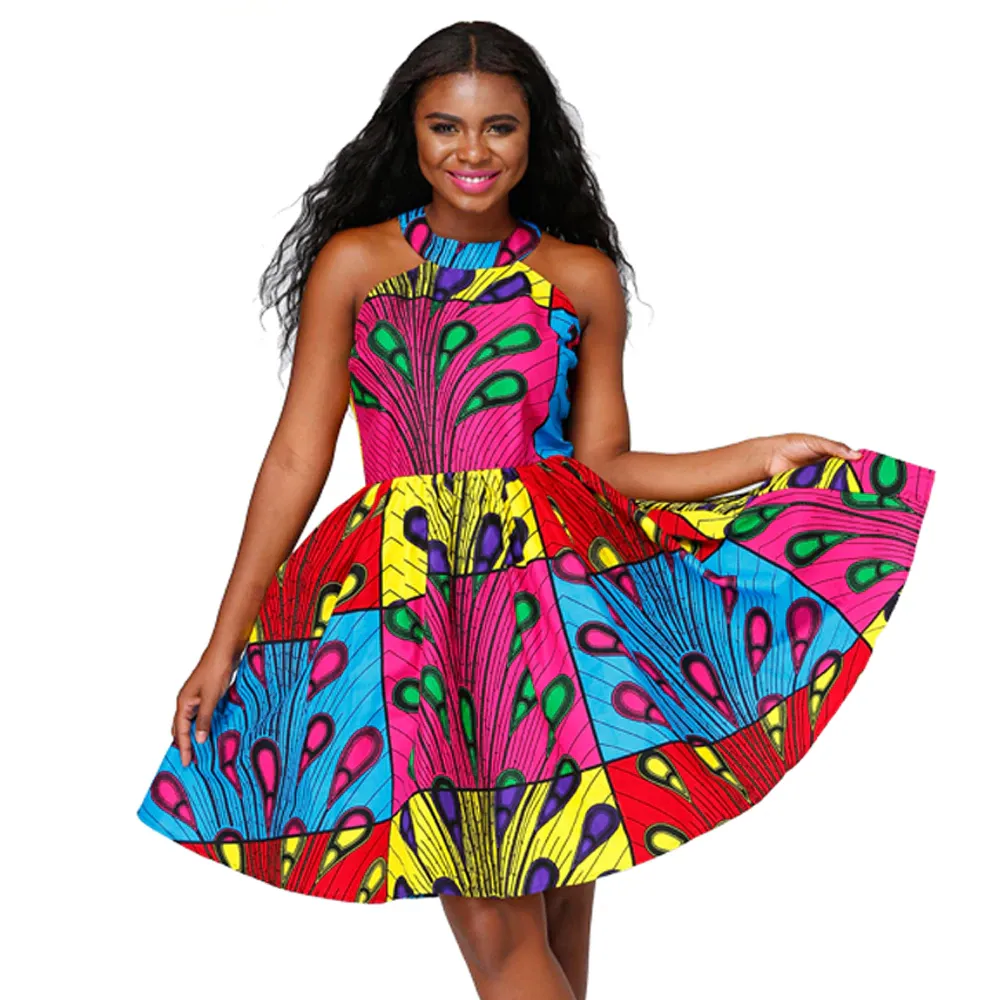 African Kitenge Wax Print Ankara Above Knee Criss Cross Back Sun Dress