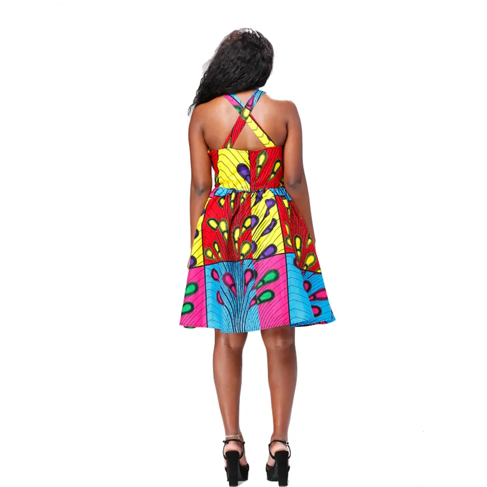 African Kitenge Wax Print Ankara Above Knee Criss Cross Back Sun Dress