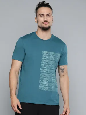 Alcis Men Teal Blue Typography Printed Slim Fit Gym T-shirt