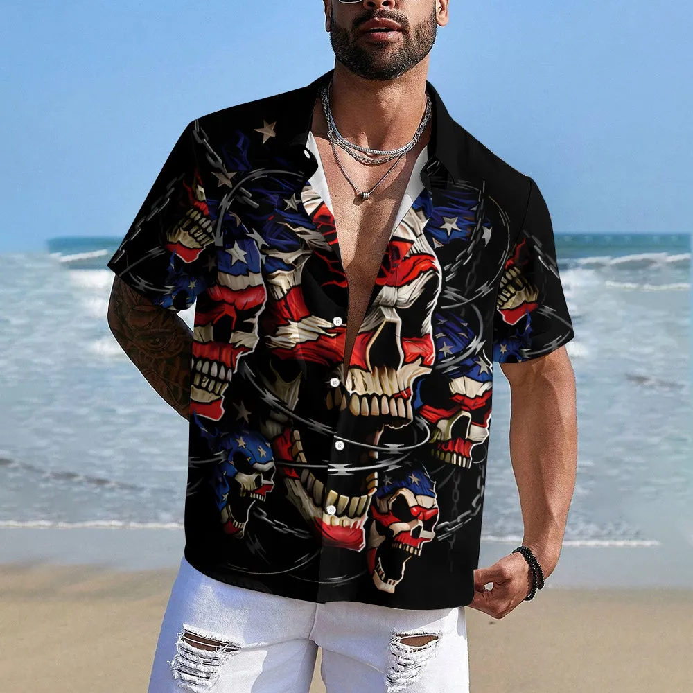 American Flag Skull And Chain Print Casual Short Sleeve Shirt 2408011139