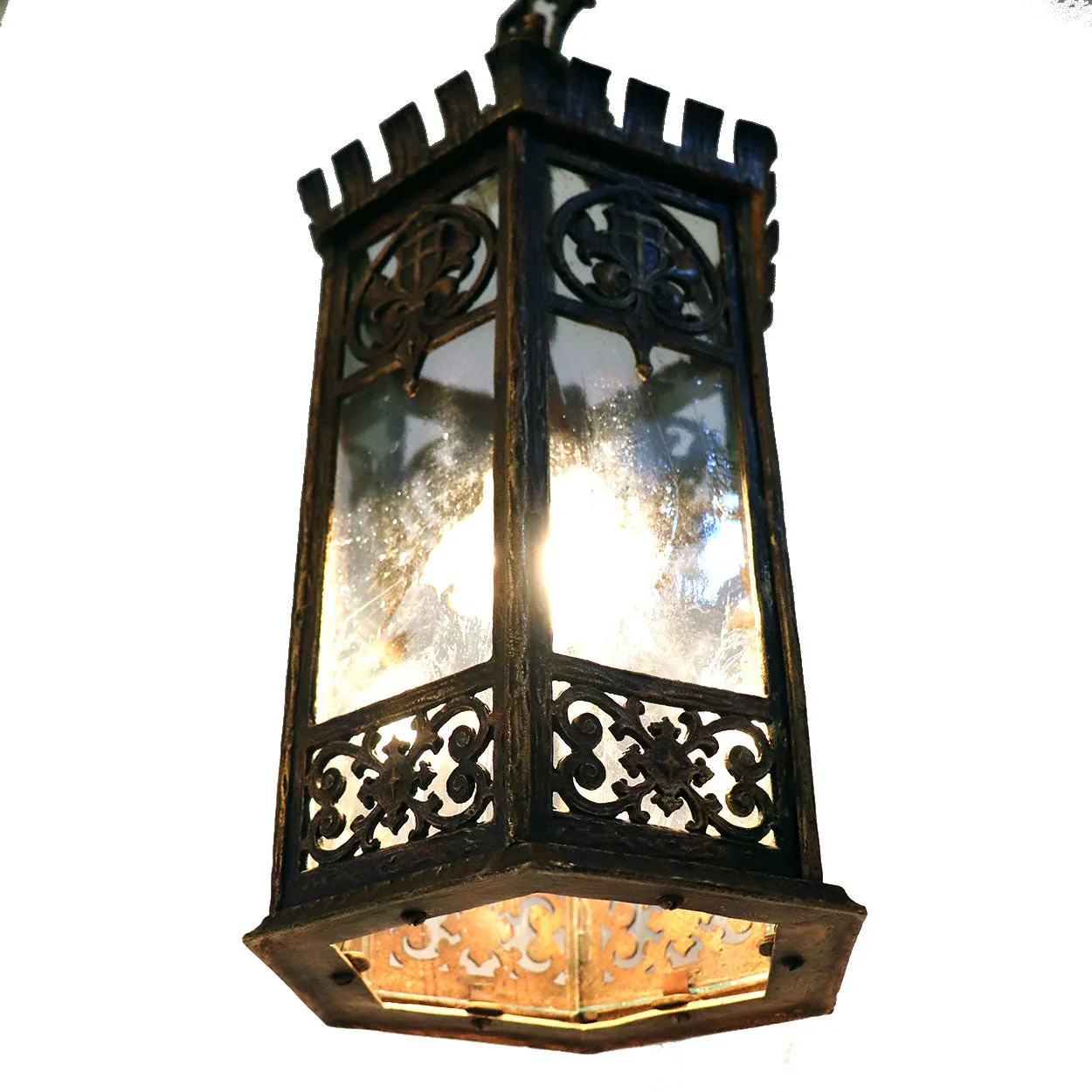 American Tudor Revival Gilt Bronze and Glass Hexagonal One-Light Hall Lantern