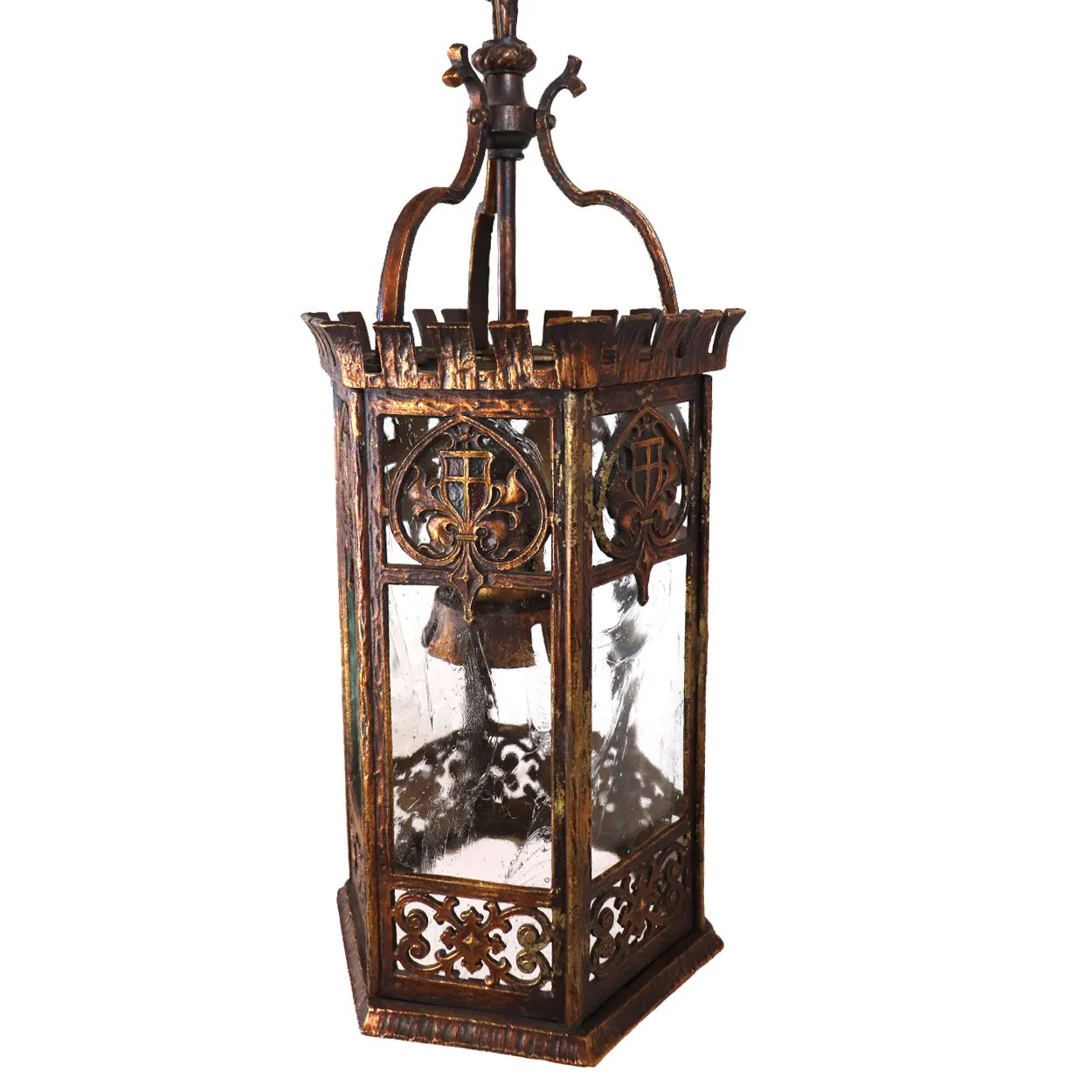 American Tudor Revival Gilt Bronze and Glass Hexagonal One-Light Hall Lantern