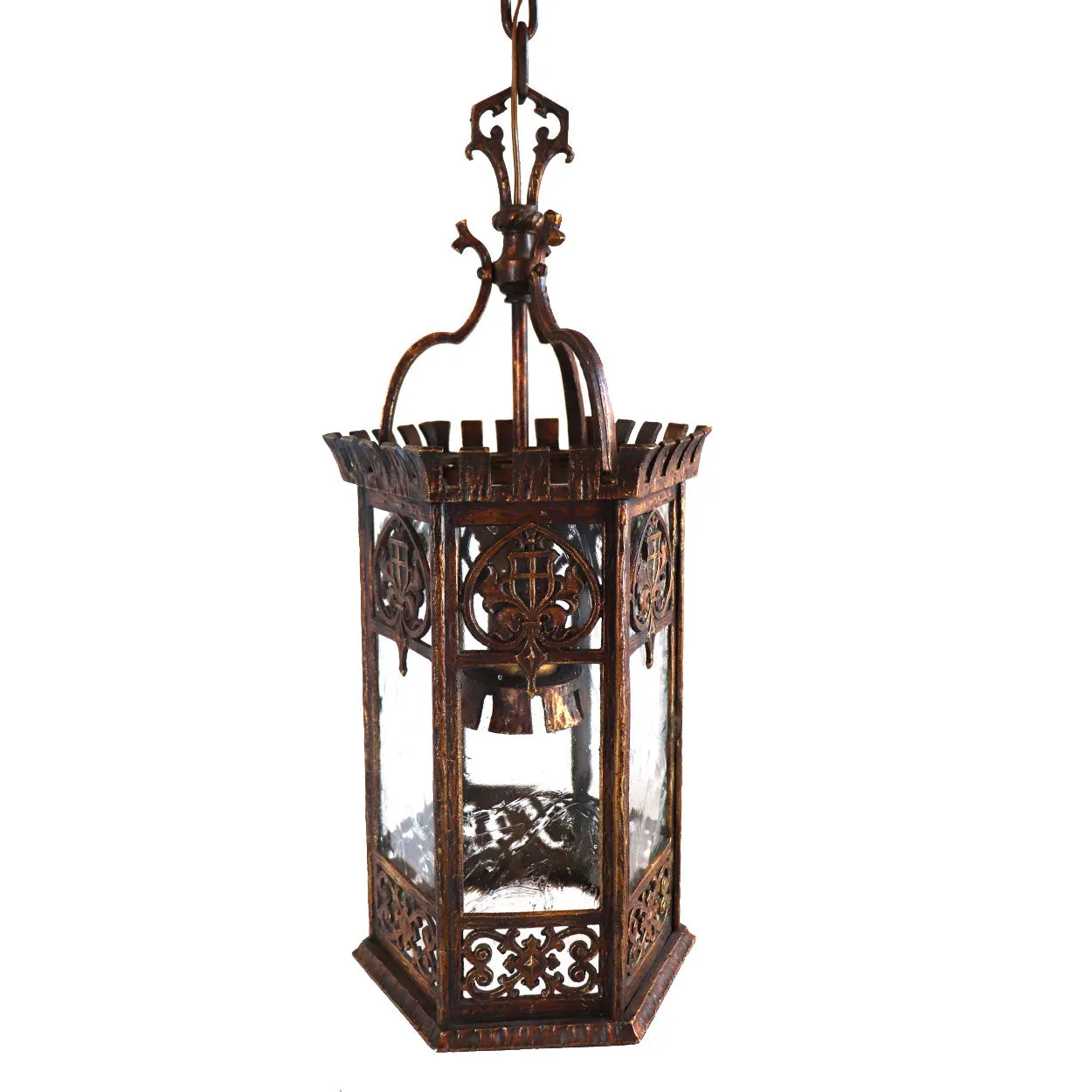 American Tudor Revival Gilt Bronze and Glass Hexagonal One-Light Hall Lantern
