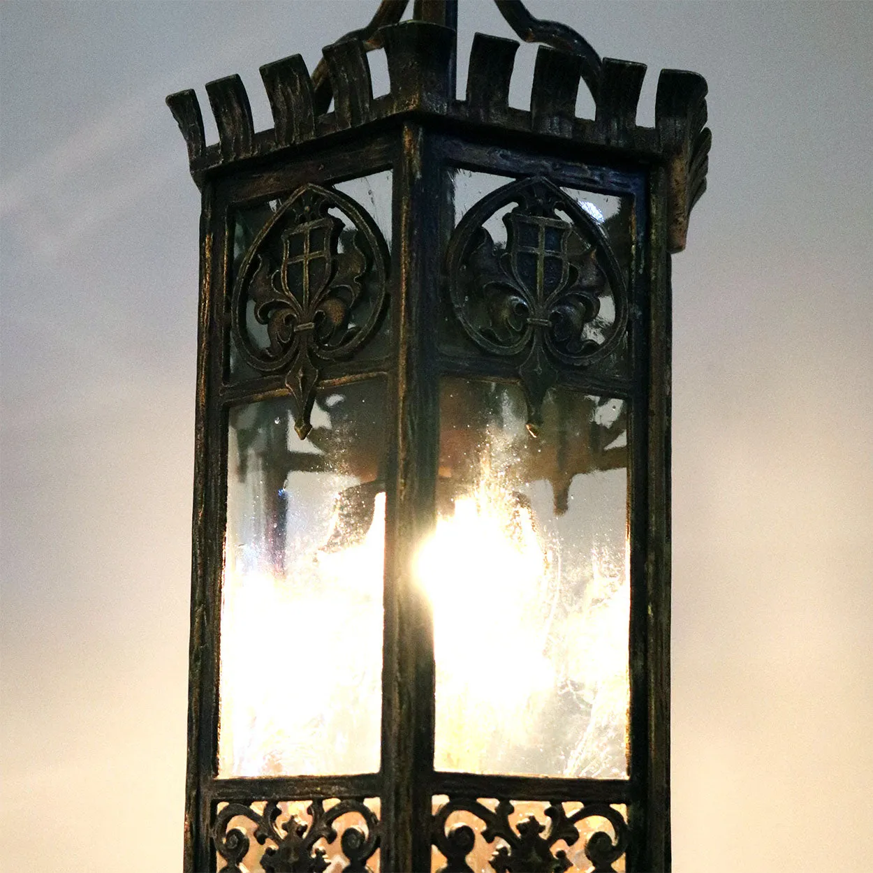 American Tudor Revival Gilt Bronze and Glass Hexagonal One-Light Hall Lantern