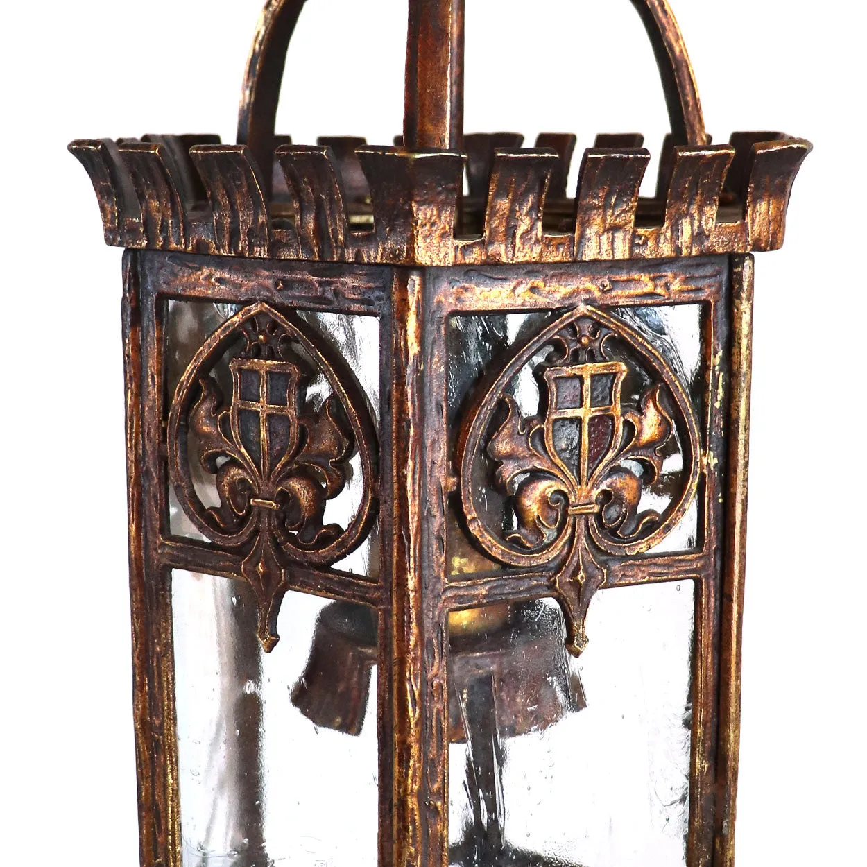 American Tudor Revival Gilt Bronze and Glass Hexagonal One-Light Hall Lantern