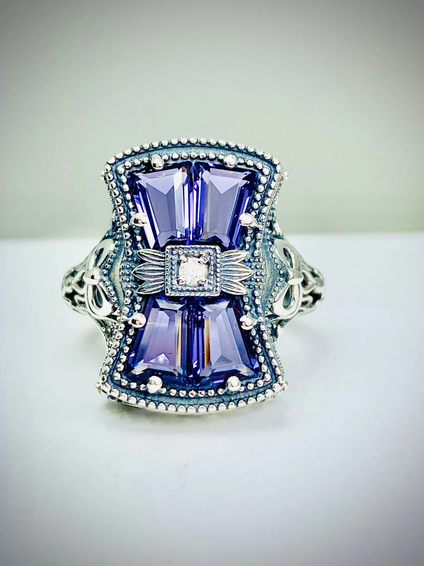 Amethyst Ring, Versailles Sterling Silver Bow & Baguette CZ Ring, Baroque Jewelry D595