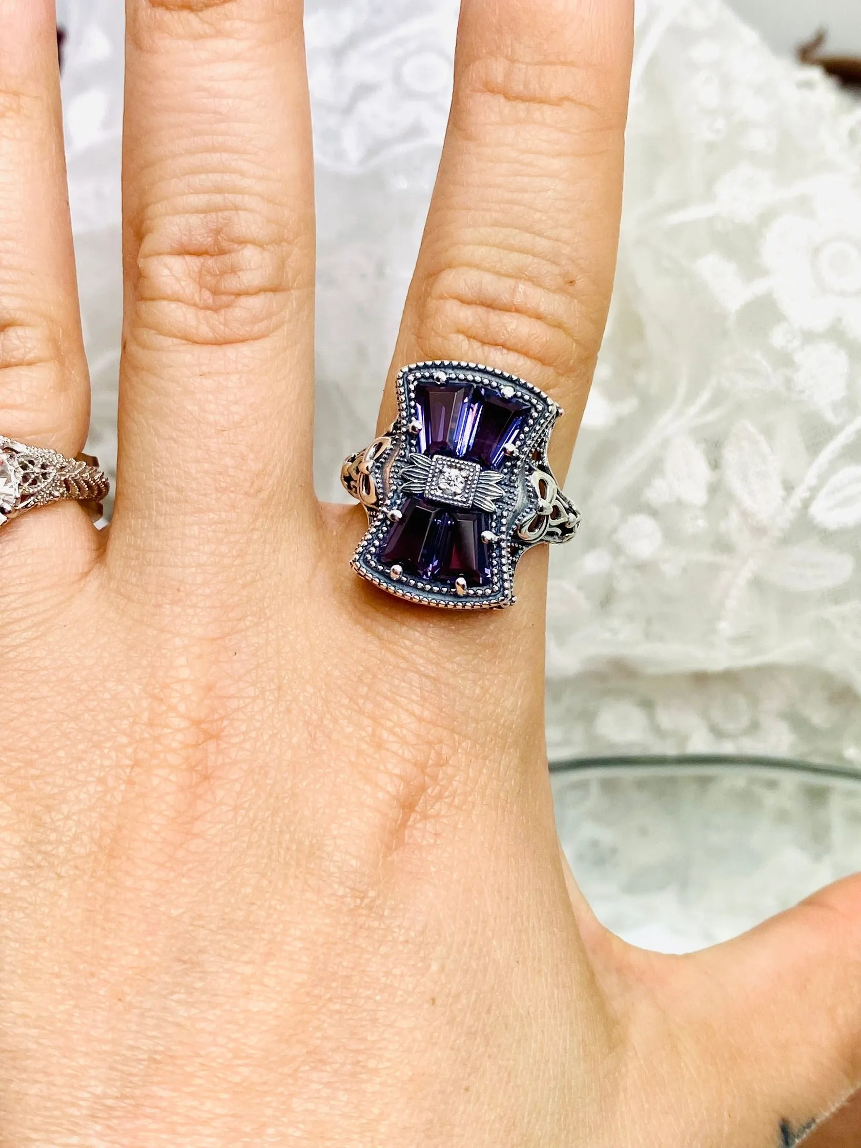 Amethyst Ring, Versailles Sterling Silver Bow & Baguette CZ Ring, Baroque Jewelry D595