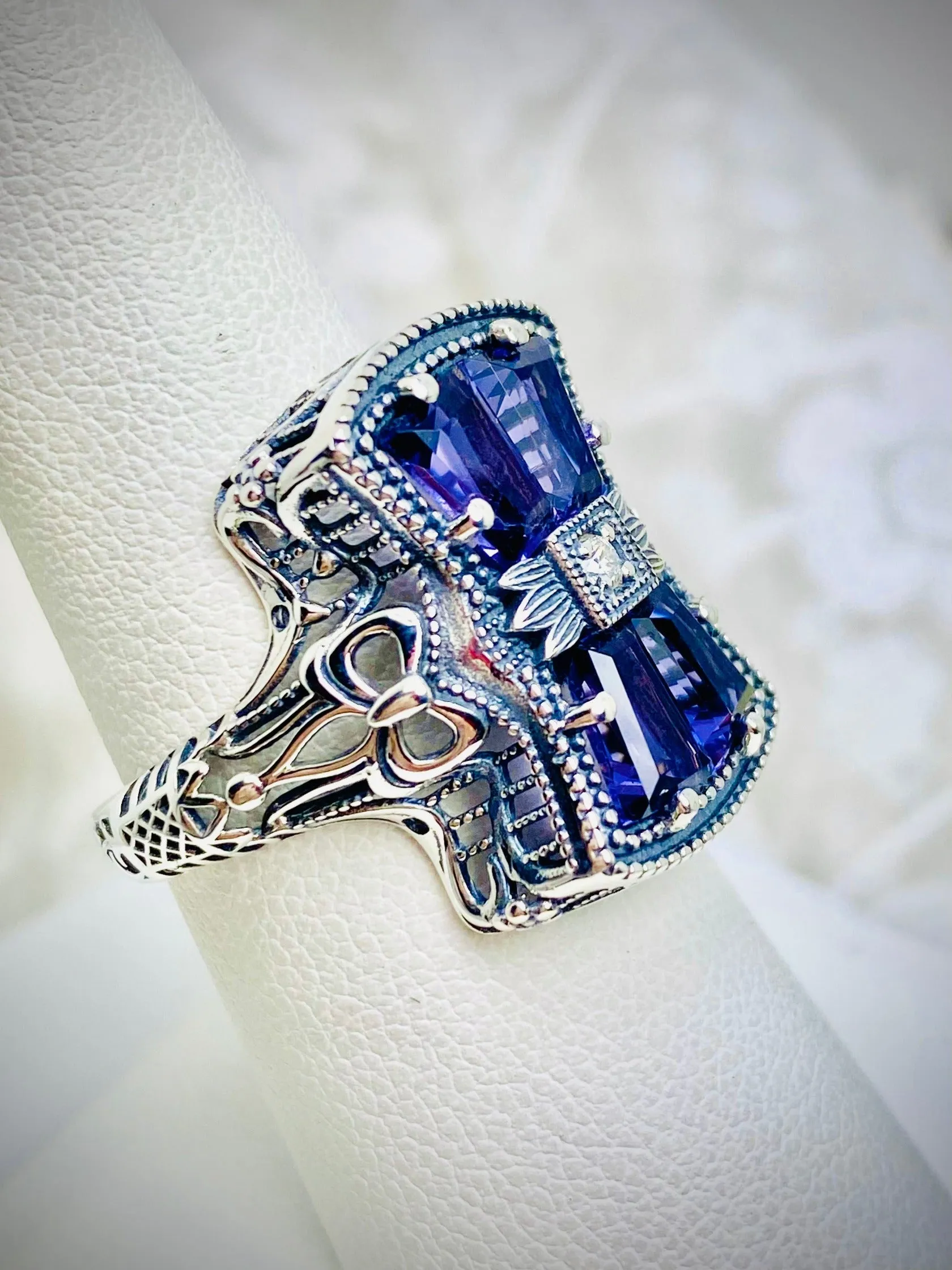 Amethyst Ring, Versailles Sterling Silver Bow & Baguette CZ Ring, Baroque Jewelry D595