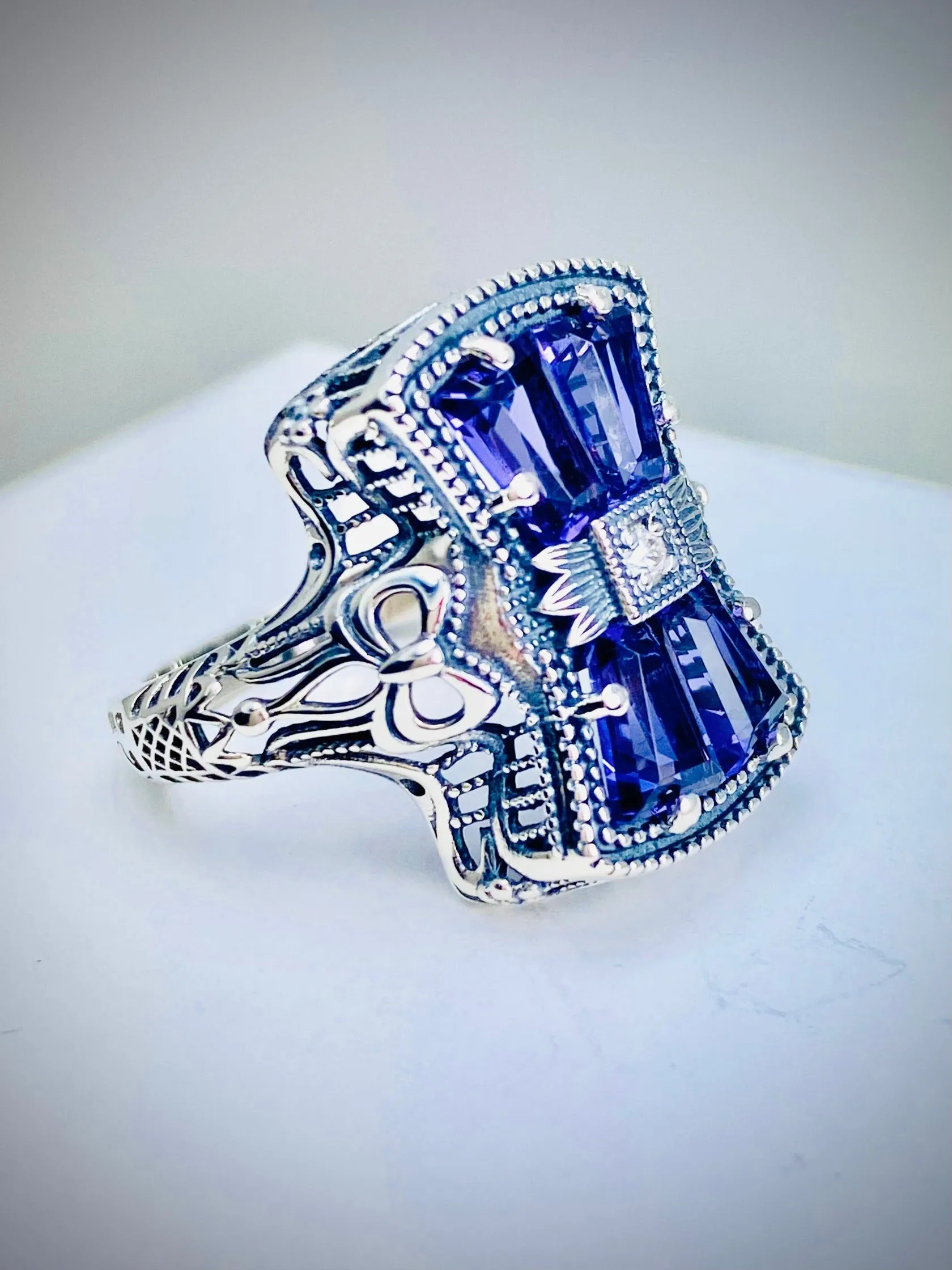 Amethyst Ring, Versailles Sterling Silver Bow & Baguette CZ Ring, Baroque Jewelry D595
