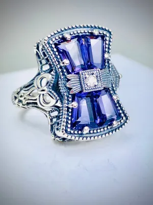 Amethyst Ring, Versailles Sterling Silver Bow & Baguette CZ Ring, Baroque Jewelry D595