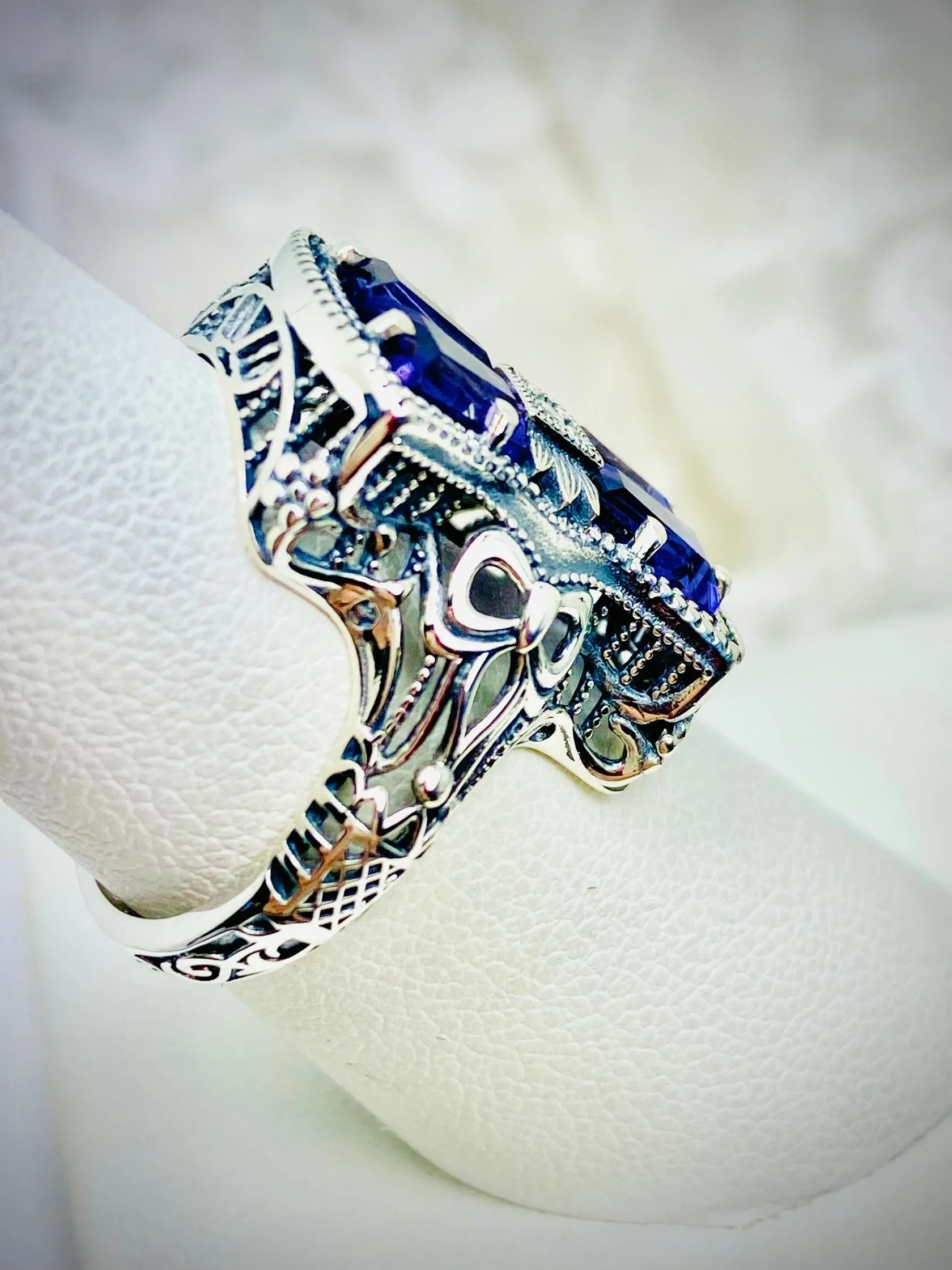 Amethyst Ring, Versailles Sterling Silver Bow & Baguette CZ Ring, Baroque Jewelry D595