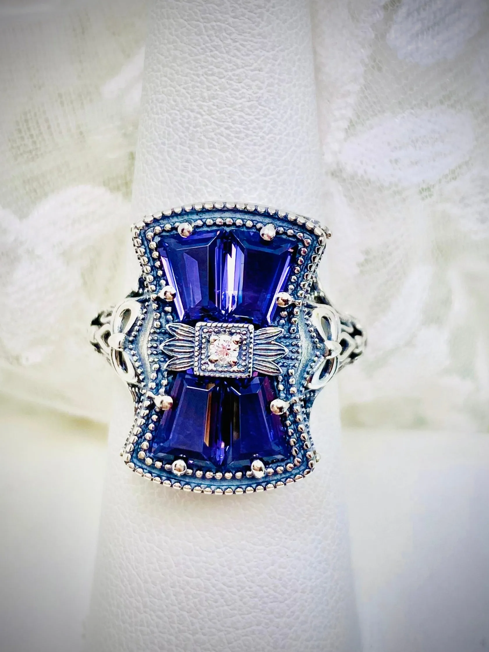 Amethyst Ring, Versailles Sterling Silver Bow & Baguette CZ Ring, Baroque Jewelry D595
