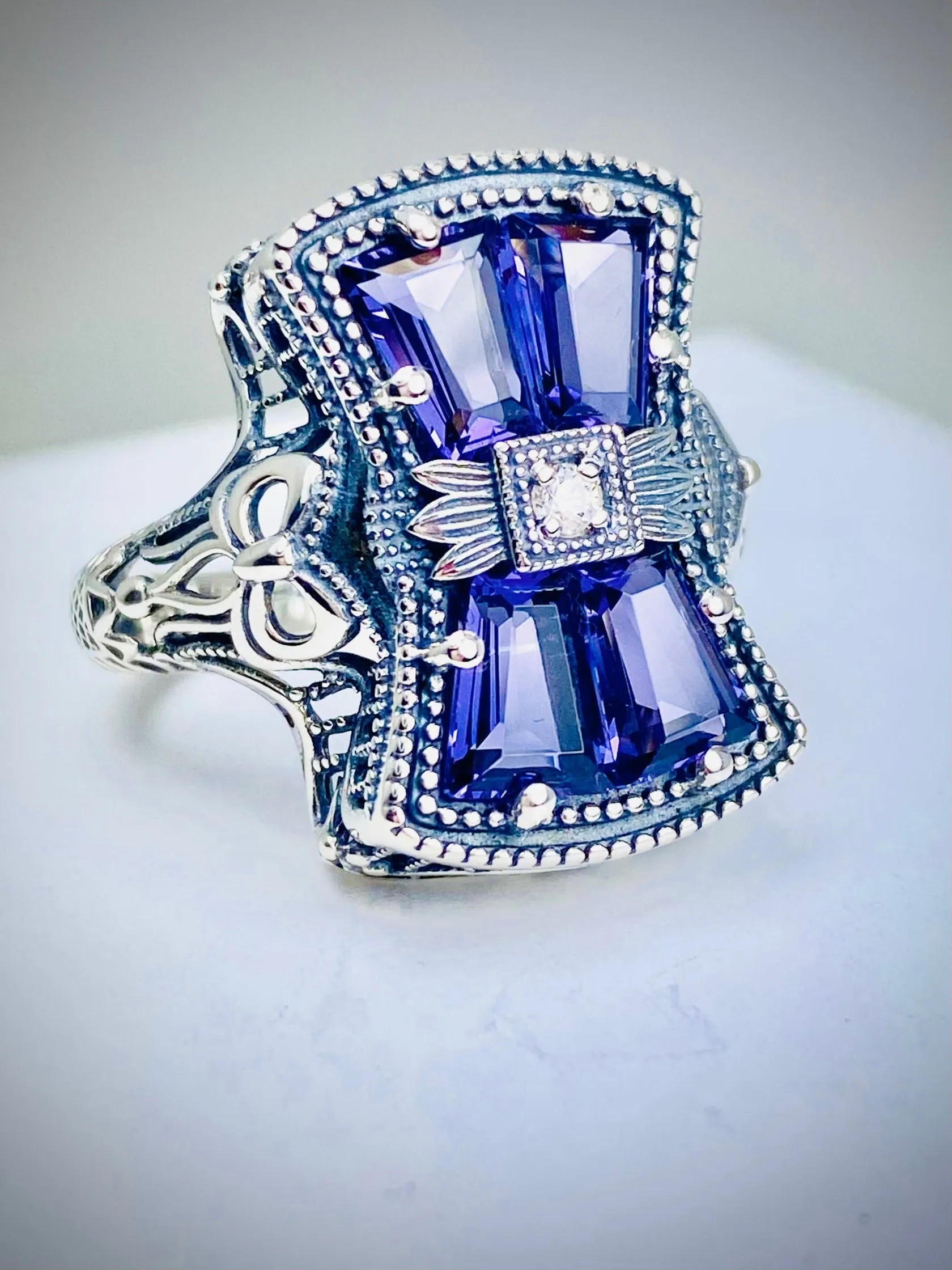 Amethyst Ring, Versailles Sterling Silver Bow & Baguette CZ Ring, Baroque Jewelry D595