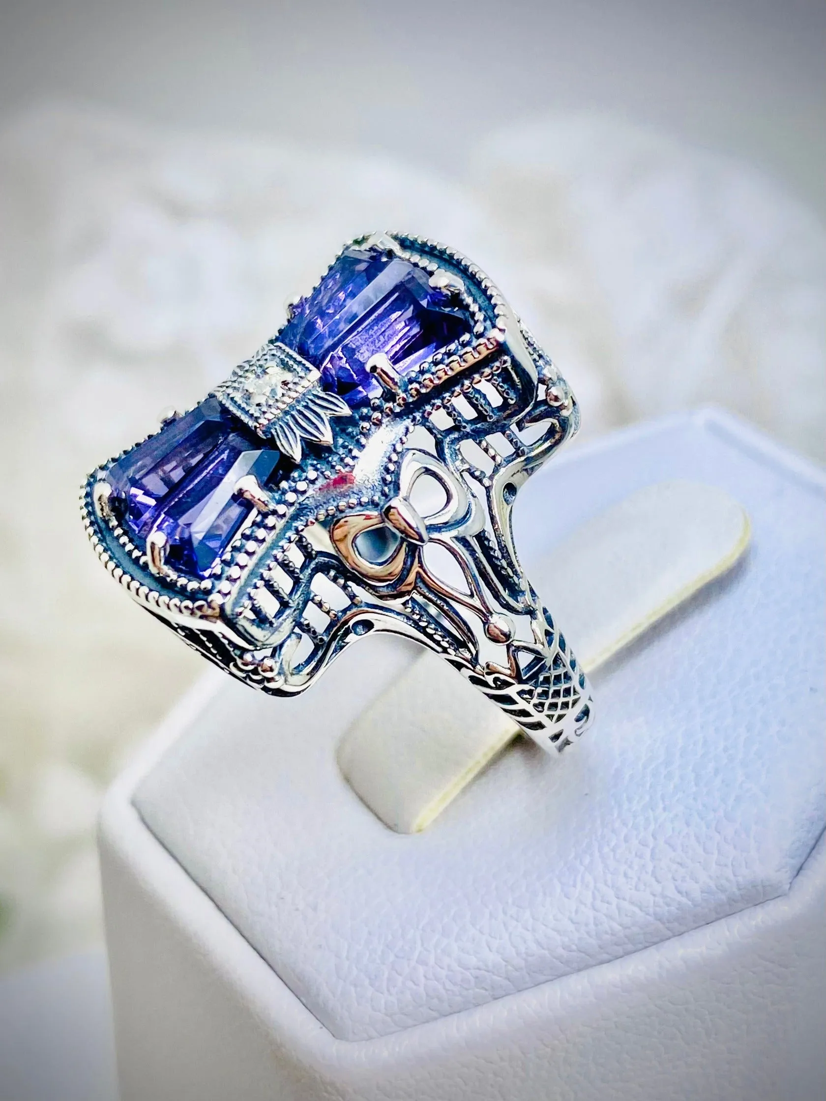 Amethyst Ring, Versailles Sterling Silver Bow & Baguette CZ Ring, Baroque Jewelry D595