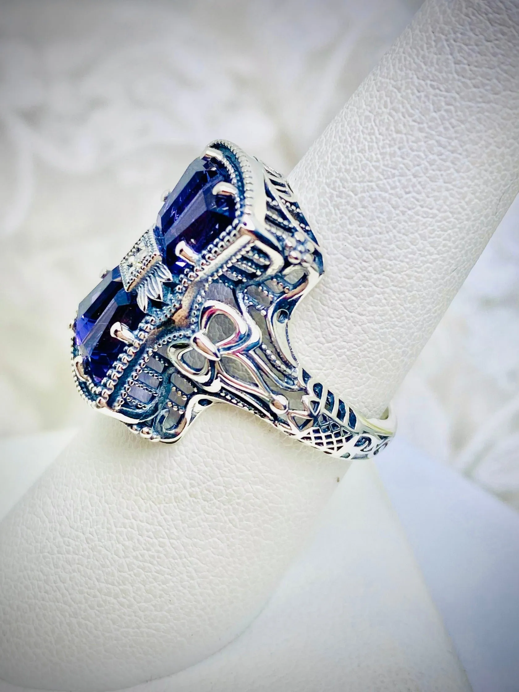 Amethyst Ring, Versailles Sterling Silver Bow & Baguette CZ Ring, Baroque Jewelry D595
