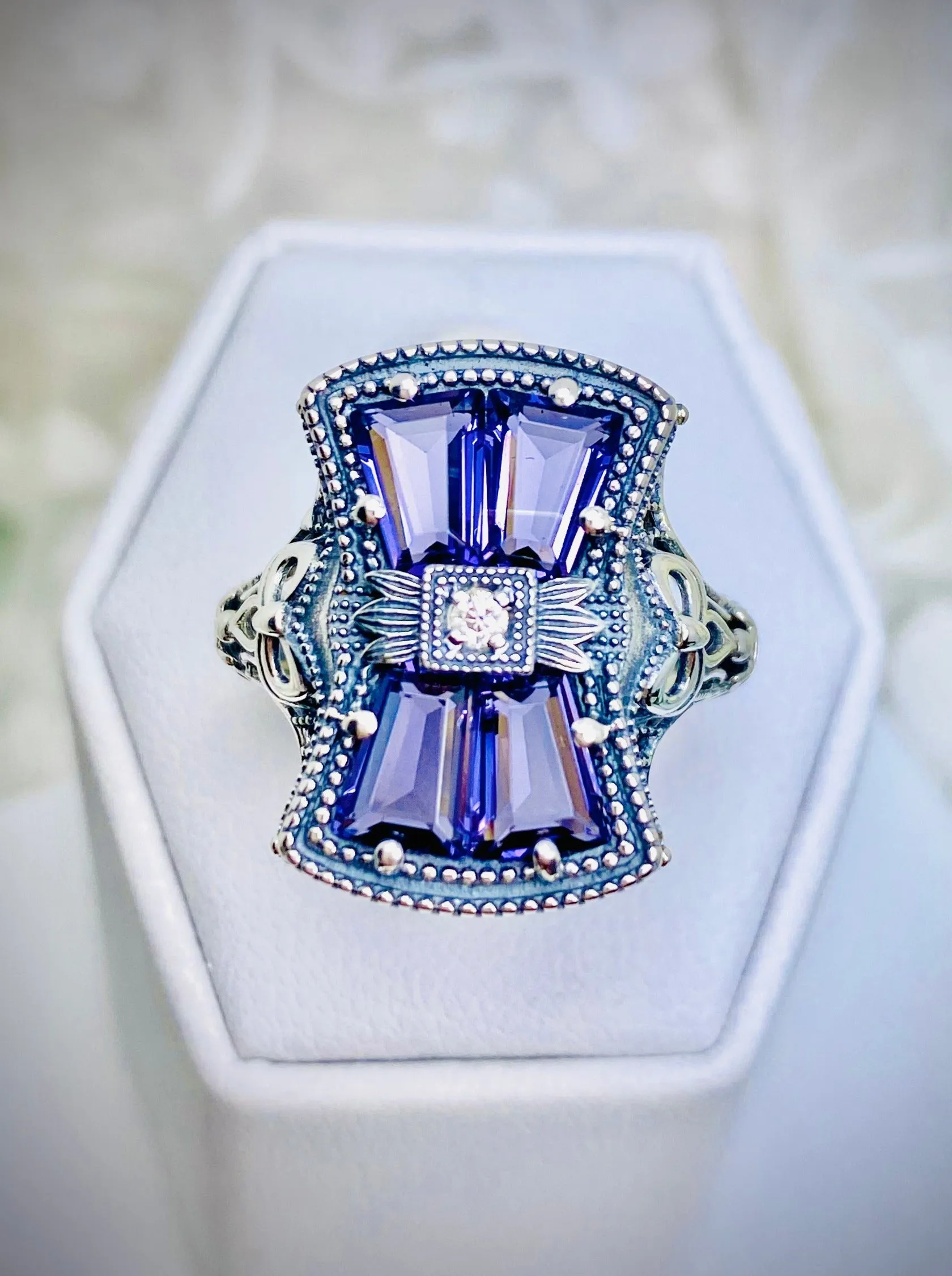 Amethyst Ring, Versailles Sterling Silver Bow & Baguette CZ Ring, Baroque Jewelry D595