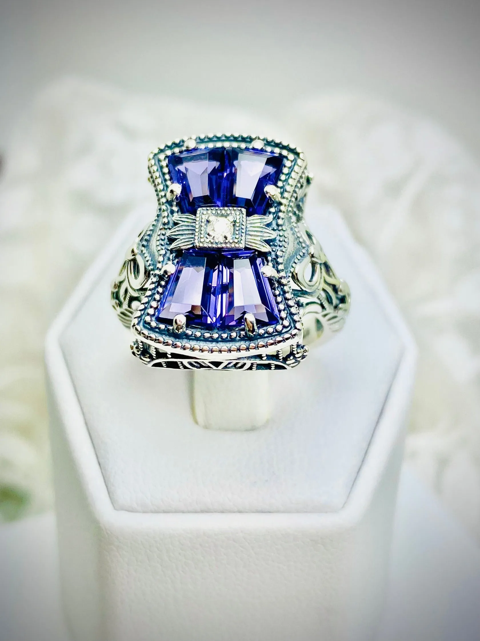 Amethyst Ring, Versailles Sterling Silver Bow & Baguette CZ Ring, Baroque Jewelry D595