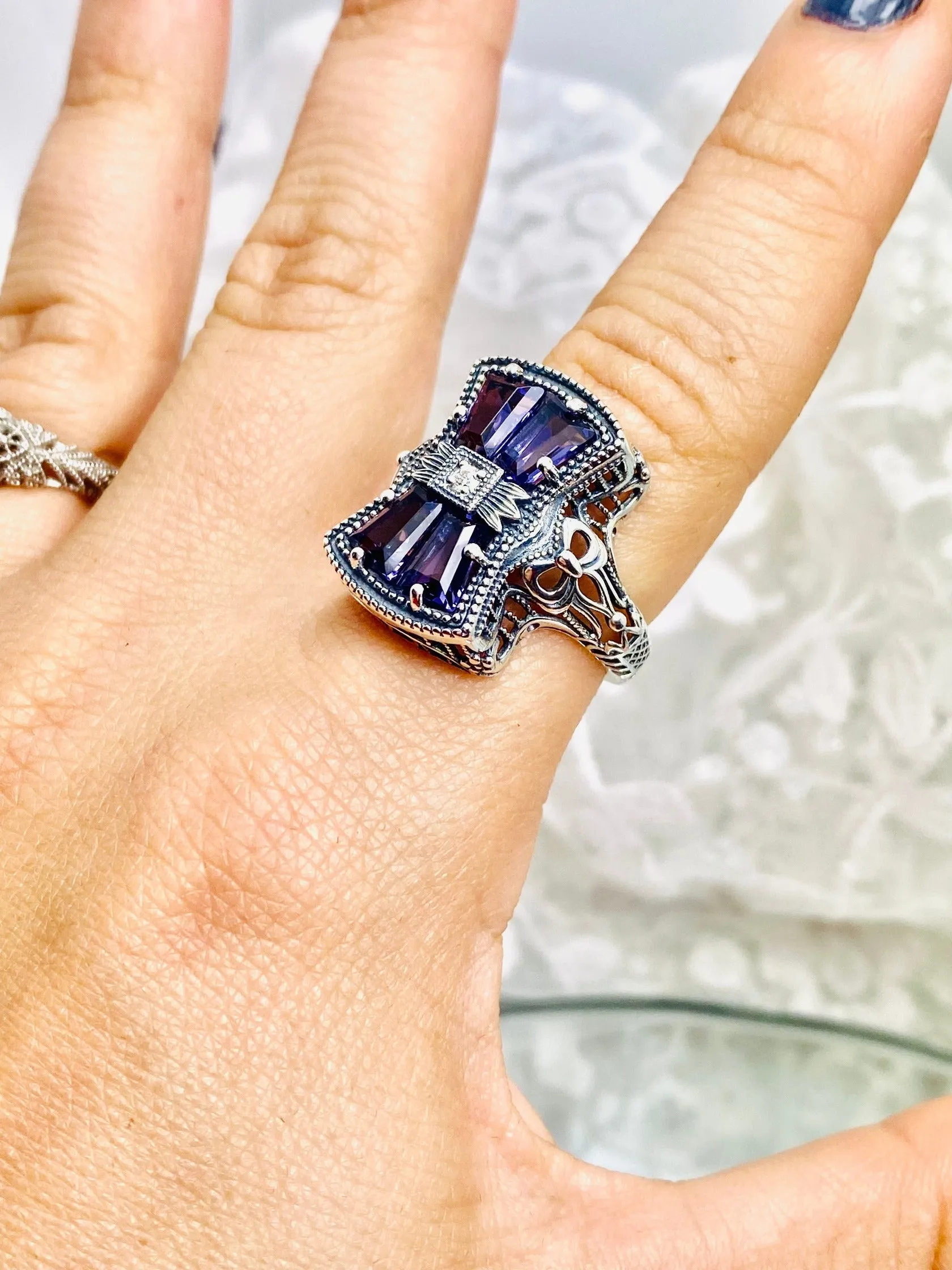 Amethyst Ring, Versailles Sterling Silver Bow & Baguette CZ Ring, Baroque Jewelry D595