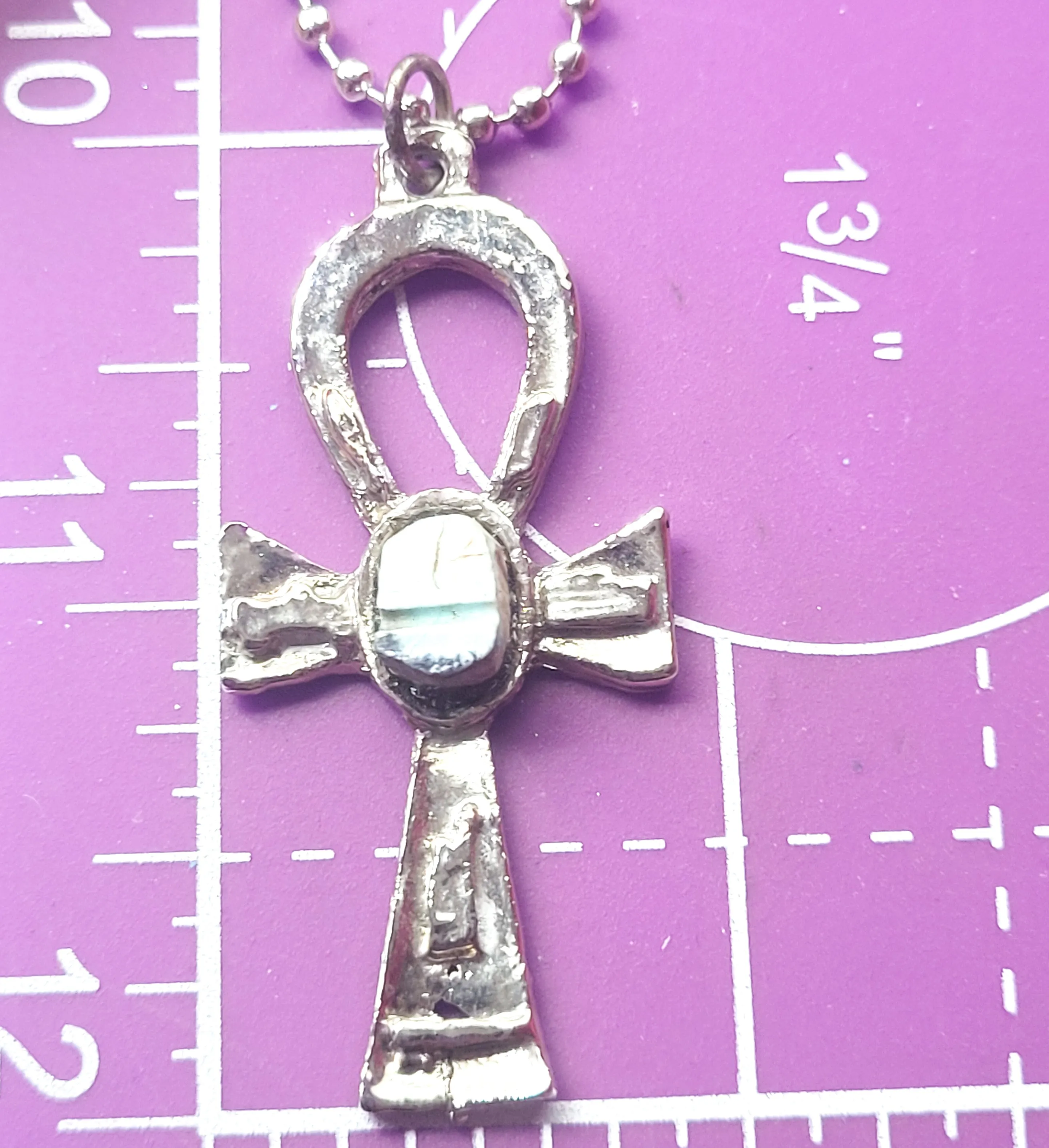 Ankh Egyptian revival Turquoise blue Faience scarab silver plated pendant necklace