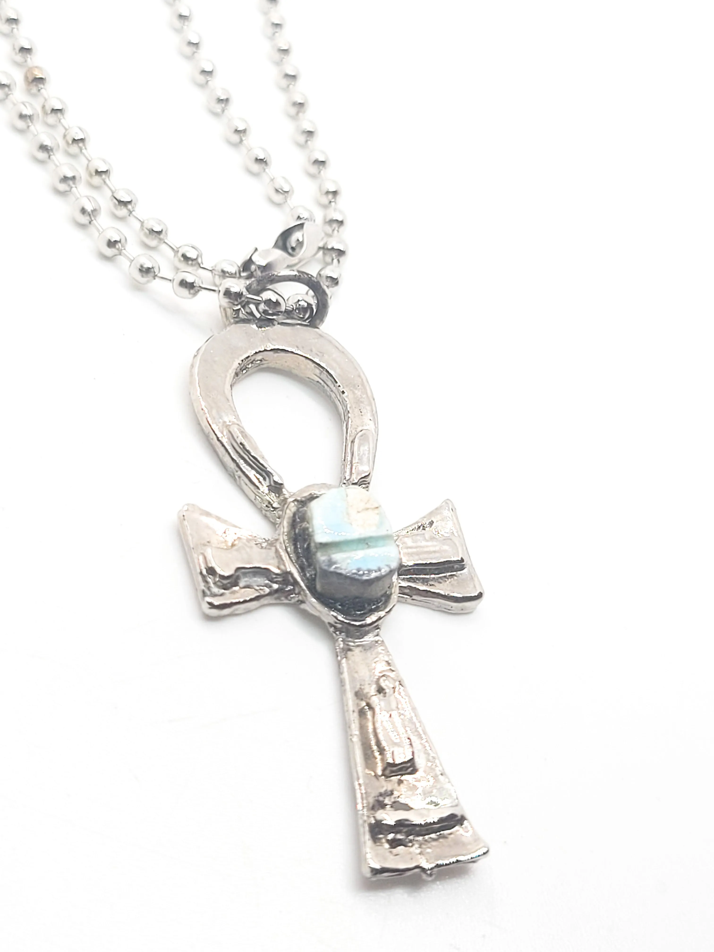 Ankh Egyptian revival Turquoise blue Faience scarab silver plated pendant necklace
