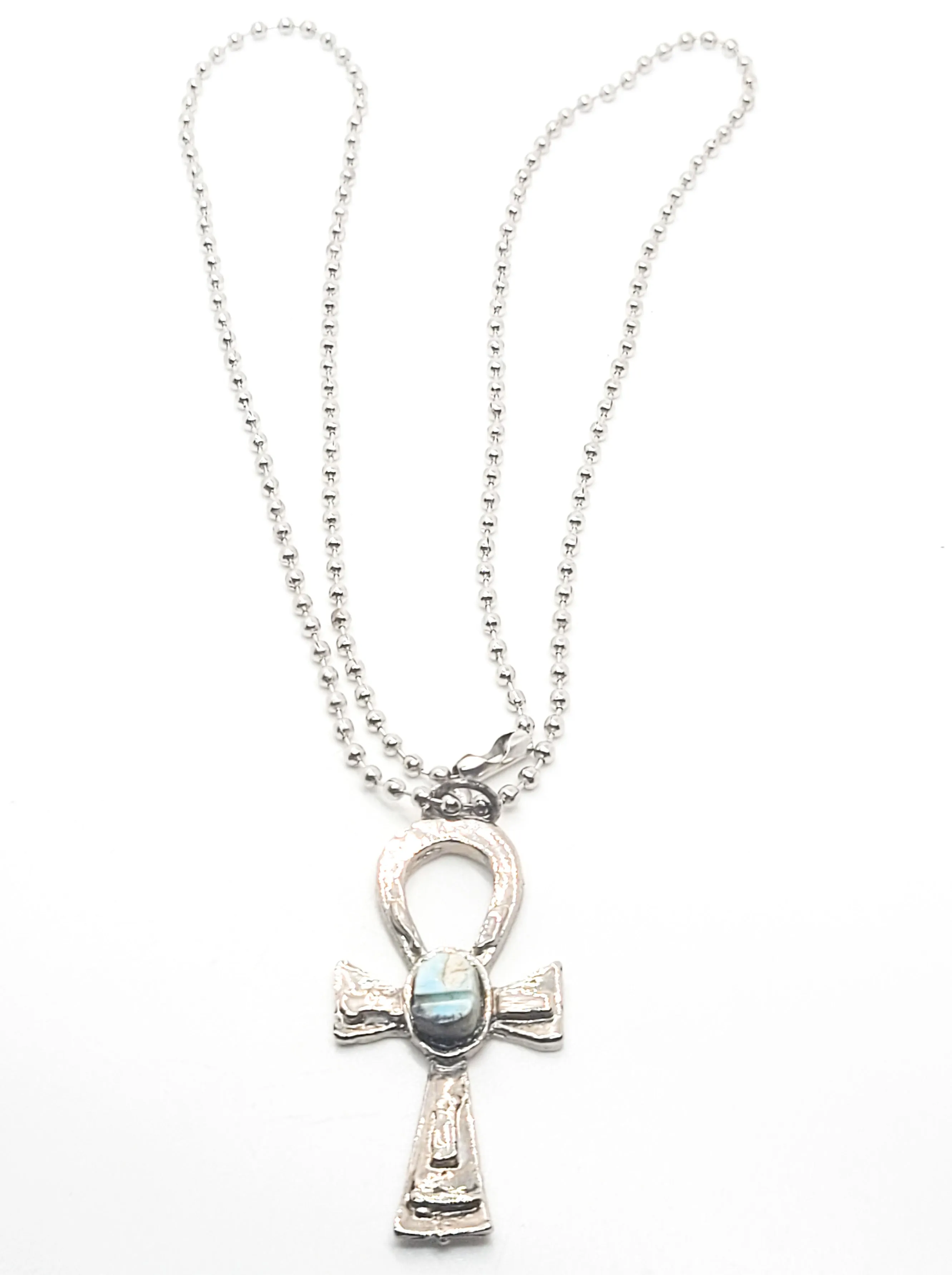 Ankh Egyptian revival Turquoise blue Faience scarab silver plated pendant necklace