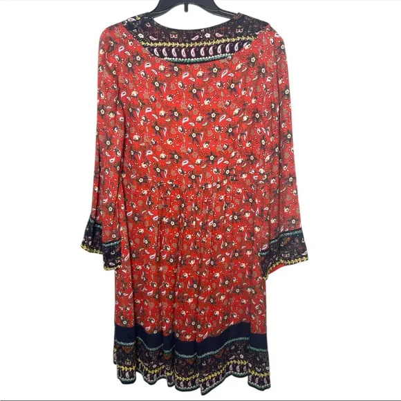 Anthro Akemi   Kin women’s red Swing embroidered Dress 3/4 Sleeve Size Small