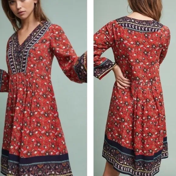 Anthro Akemi   Kin women’s red Swing embroidered Dress 3/4 Sleeve Size Small