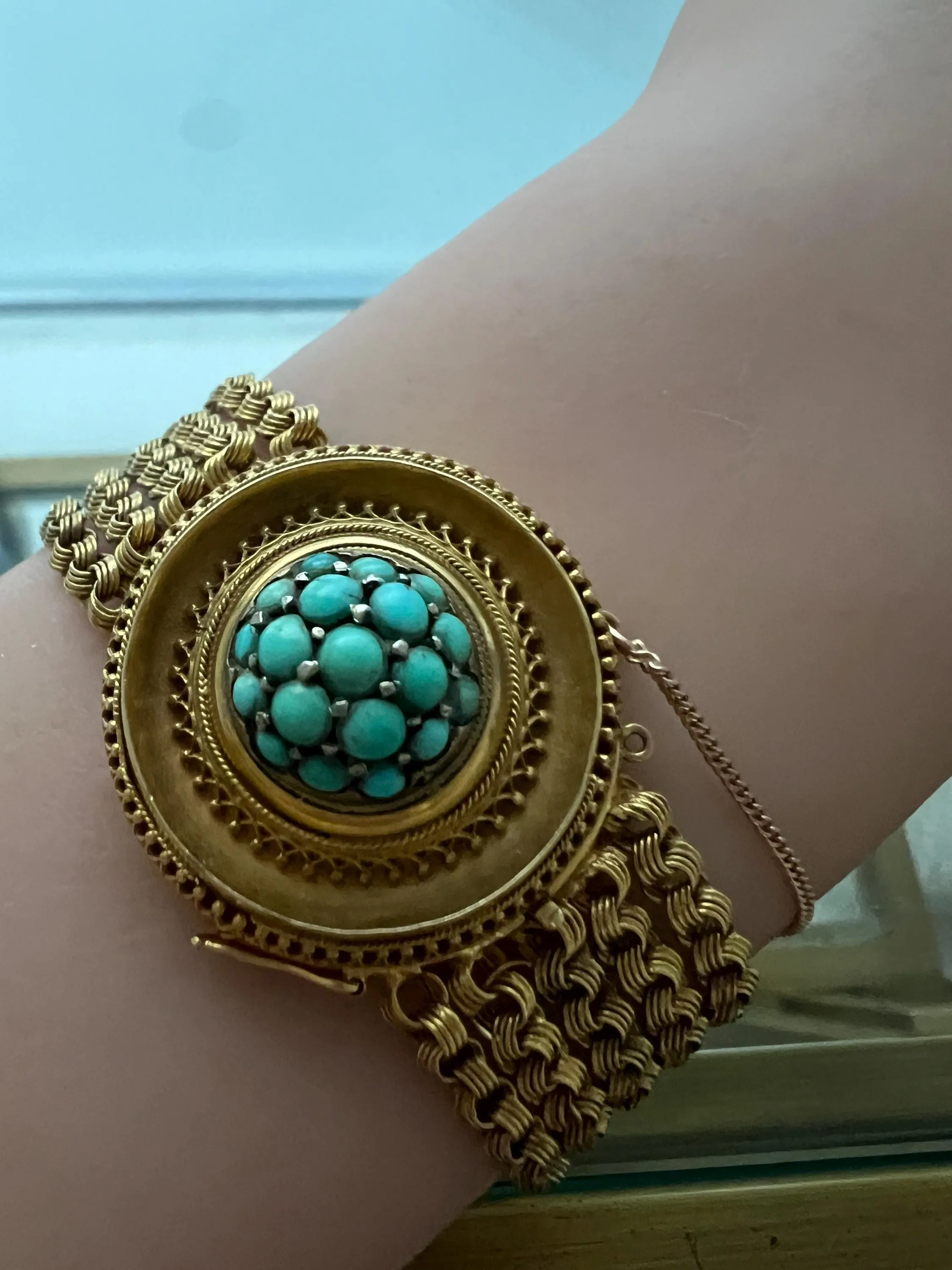 Antique Victorian Etruscan Revival 18K Yellow Gold and Turquoise Bracelet.