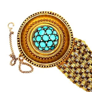 Antique Victorian Etruscan Revival 18K Yellow Gold and Turquoise Bracelet.