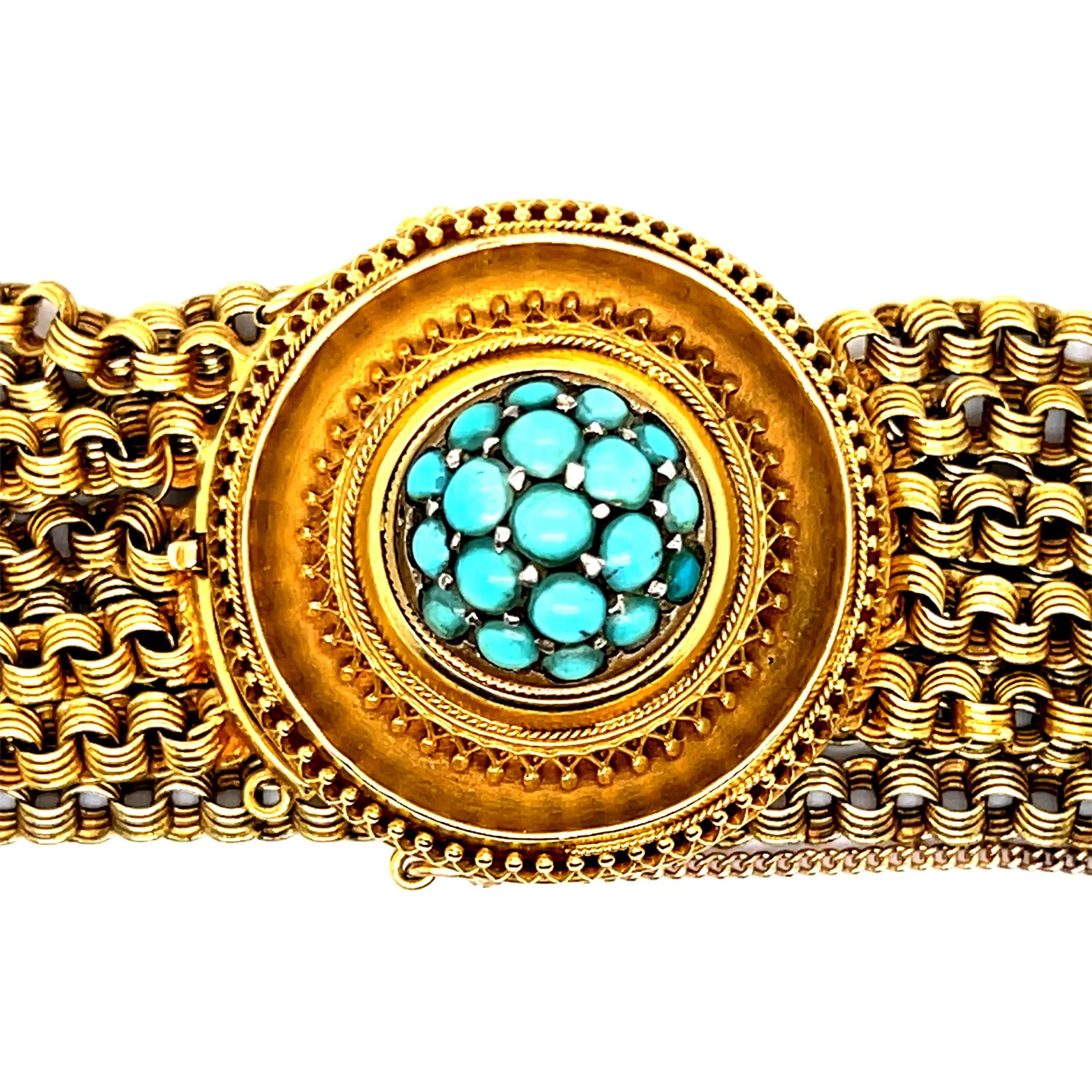 Antique Victorian Etruscan Revival 18K Yellow Gold and Turquoise Bracelet.