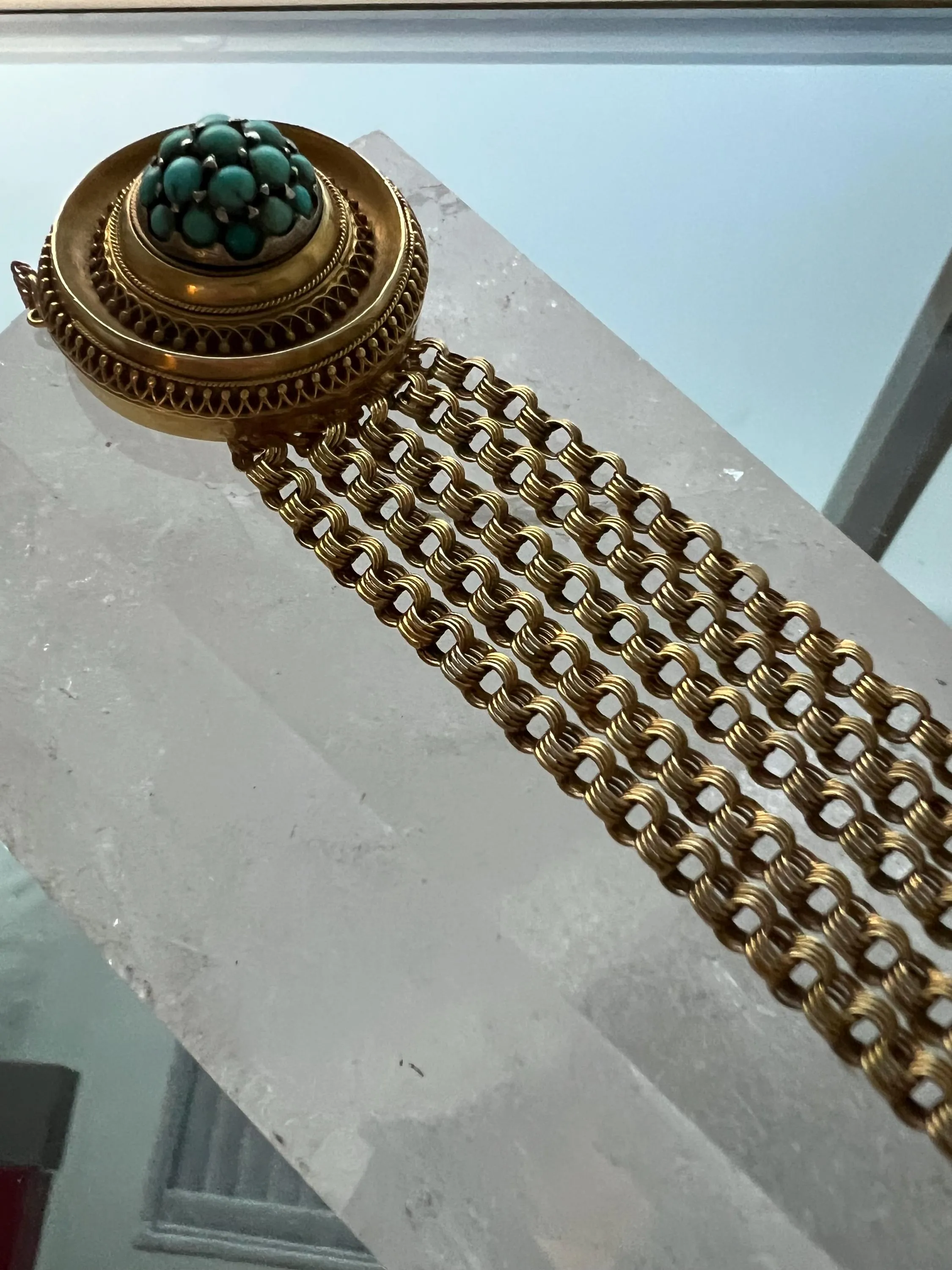 Antique Victorian Etruscan Revival 18K Yellow Gold and Turquoise Bracelet.