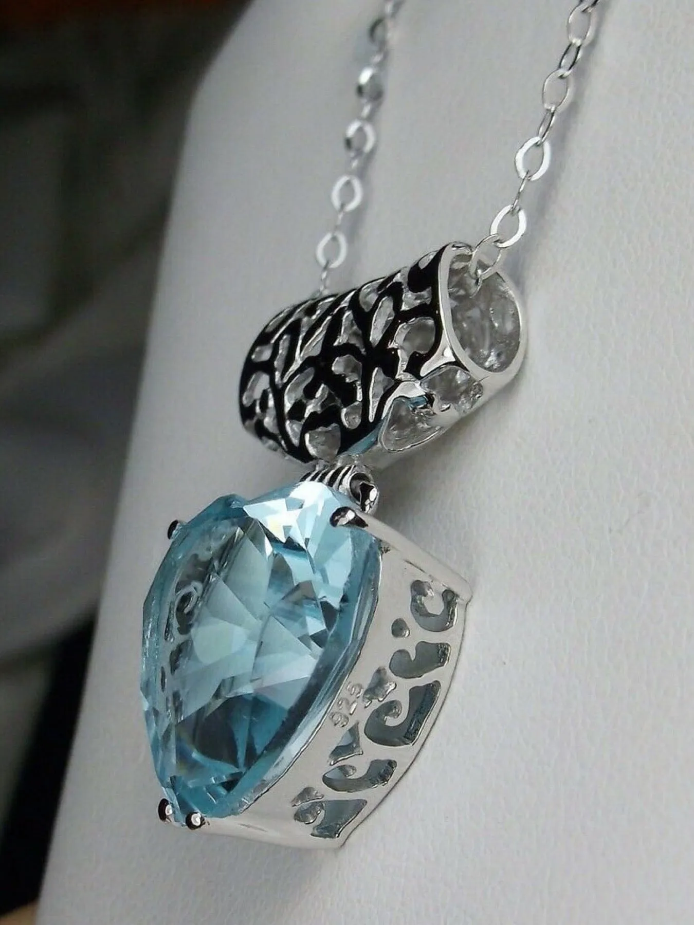 Aquamarine Pendant, Heart Gemstone, Art Nouveau Necklace #P38 - Ready to Ship