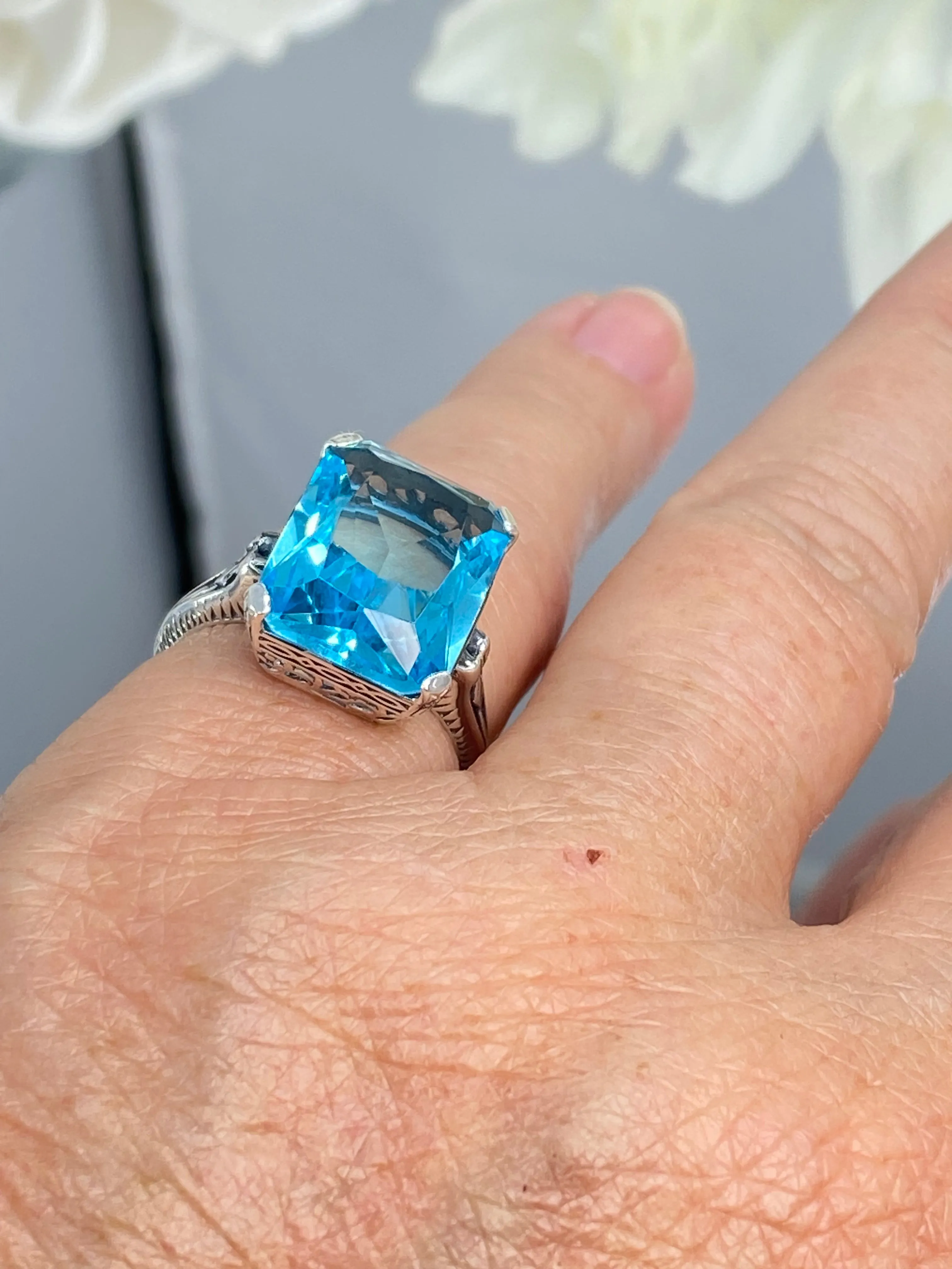 Aquamarine Ring, 10ct Rectangle Gem, Vintage Jewelry #D5