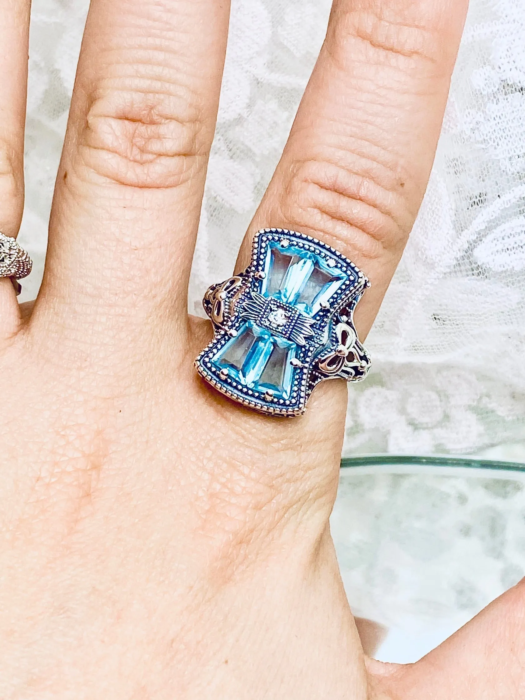 Aquamarine Ring, Size 10, Versailles Sterling Silver Bow & Baguette CZ Ring, Baroque Jewelry D595 - Ready to ship