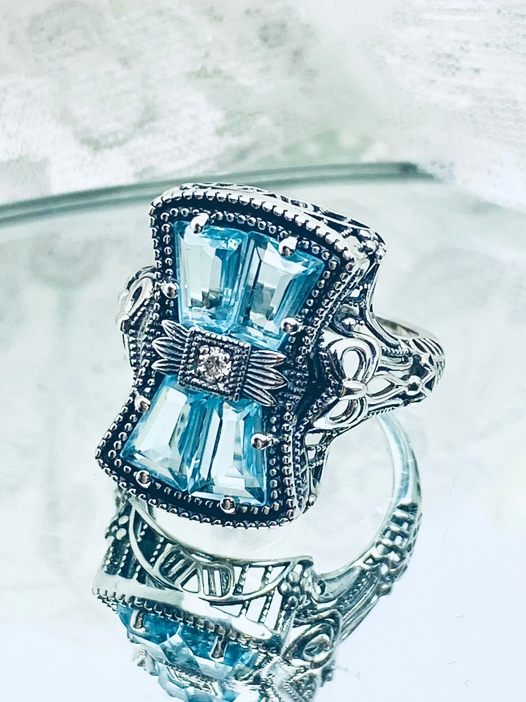 Aquamarine Ring, Size 10, Versailles Sterling Silver Bow & Baguette CZ Ring, Baroque Jewelry D595 - Ready to ship