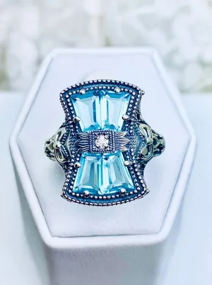Aquamarine Ring, Size 10, Versailles Sterling Silver Bow & Baguette CZ Ring, Baroque Jewelry D595 - Ready to ship