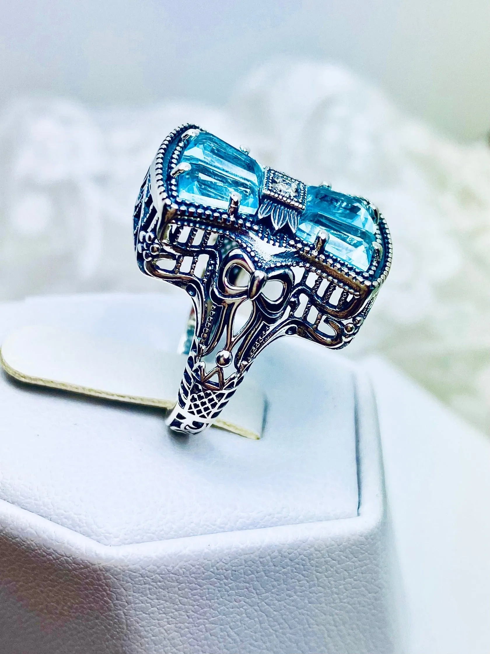 Aquamarine Ring, Size 10, Versailles Sterling Silver Bow & Baguette CZ Ring, Baroque Jewelry D595 - Ready to ship