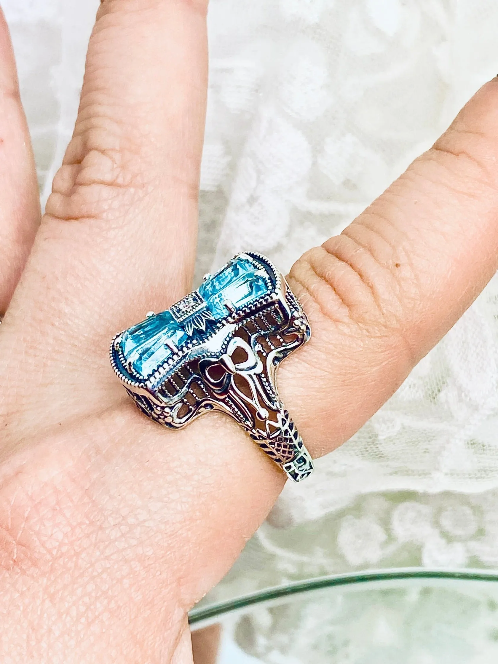 Aquamarine Ring, Size 10, Versailles Sterling Silver Bow & Baguette CZ Ring, Baroque Jewelry D595 - Ready to ship