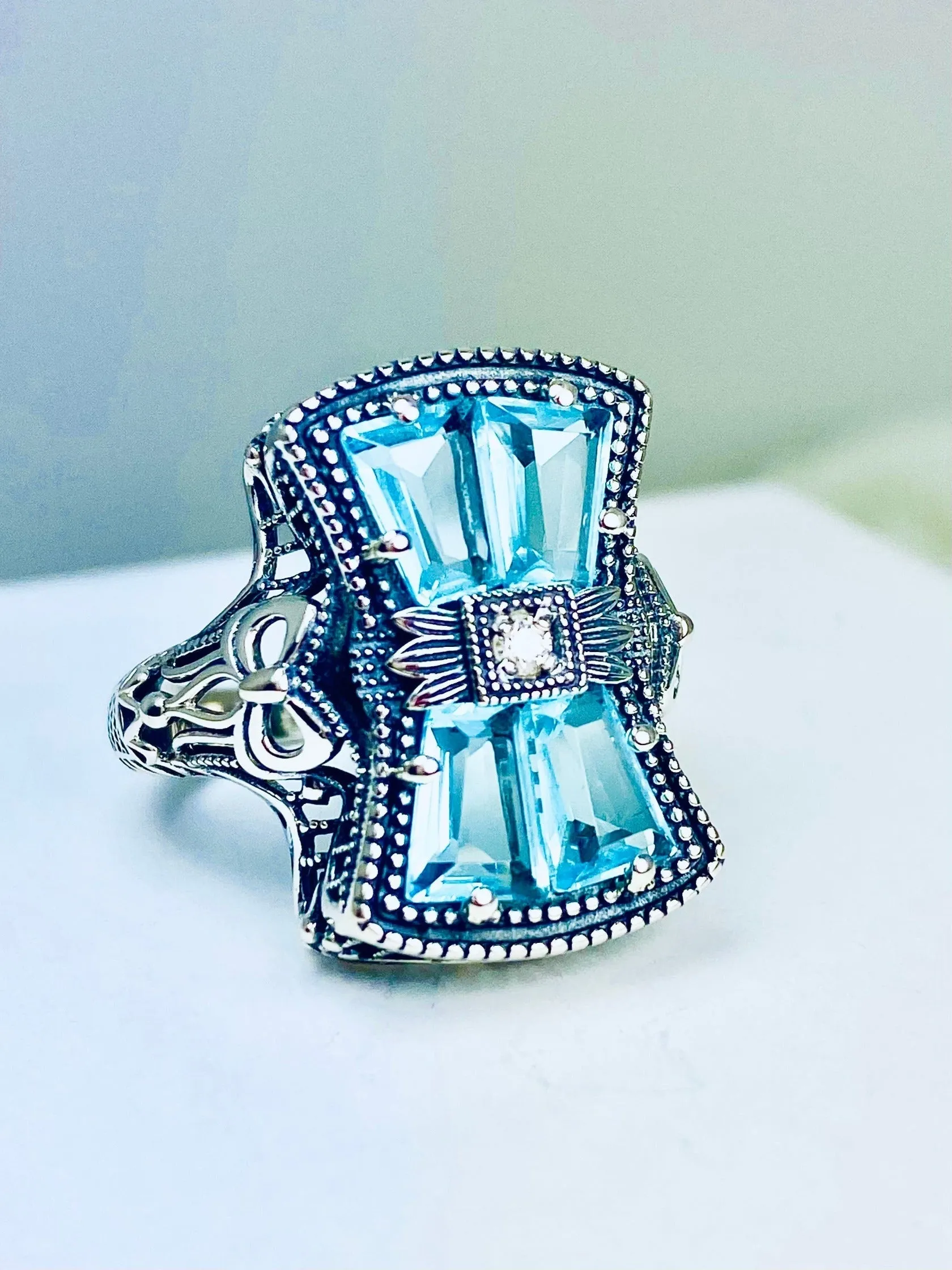 Aquamarine Ring, Size 10, Versailles Sterling Silver Bow & Baguette CZ Ring, Baroque Jewelry D595 - Ready to ship